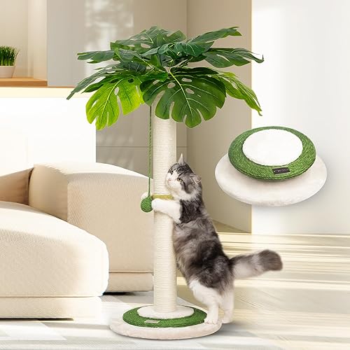 Meowoou Cat Scratching Post for Space-Saving,35” Tall Modern Monstera 3 Layer Cat Tree Tower with Sisal Rope Hanging Interactive Ball for Indoor Cats and Kitten Climbing,Play & Rest - Monstera-35 in