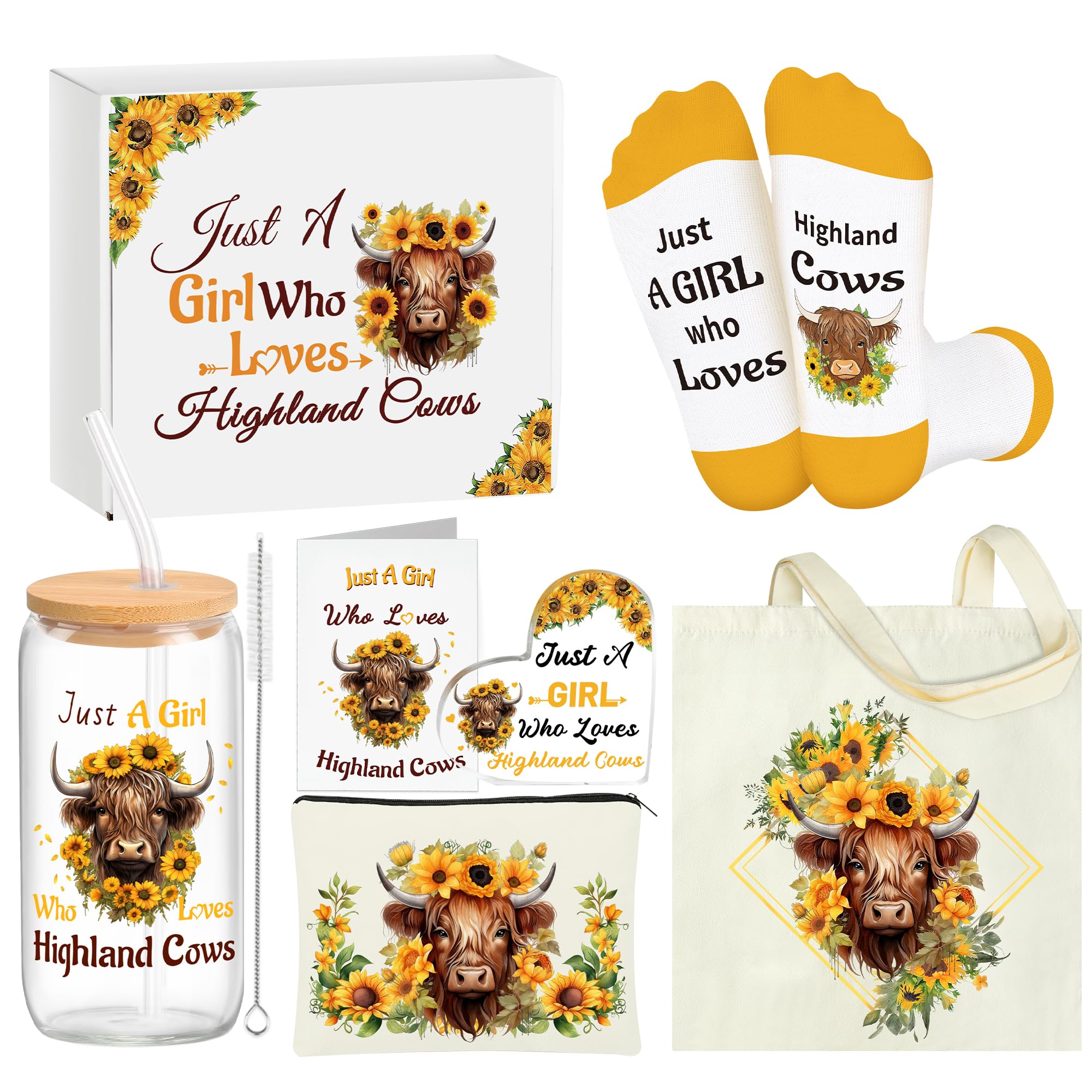 6Pcs Highland Cows Gifts Set for Women,Sunflower Highland Cow Themed Stuff Set for Highlands Cow Lover Birthday Gifts,For School Teacher Friend Christmas Birthday Party Graduation Gift for Cows Lovers — image 1
