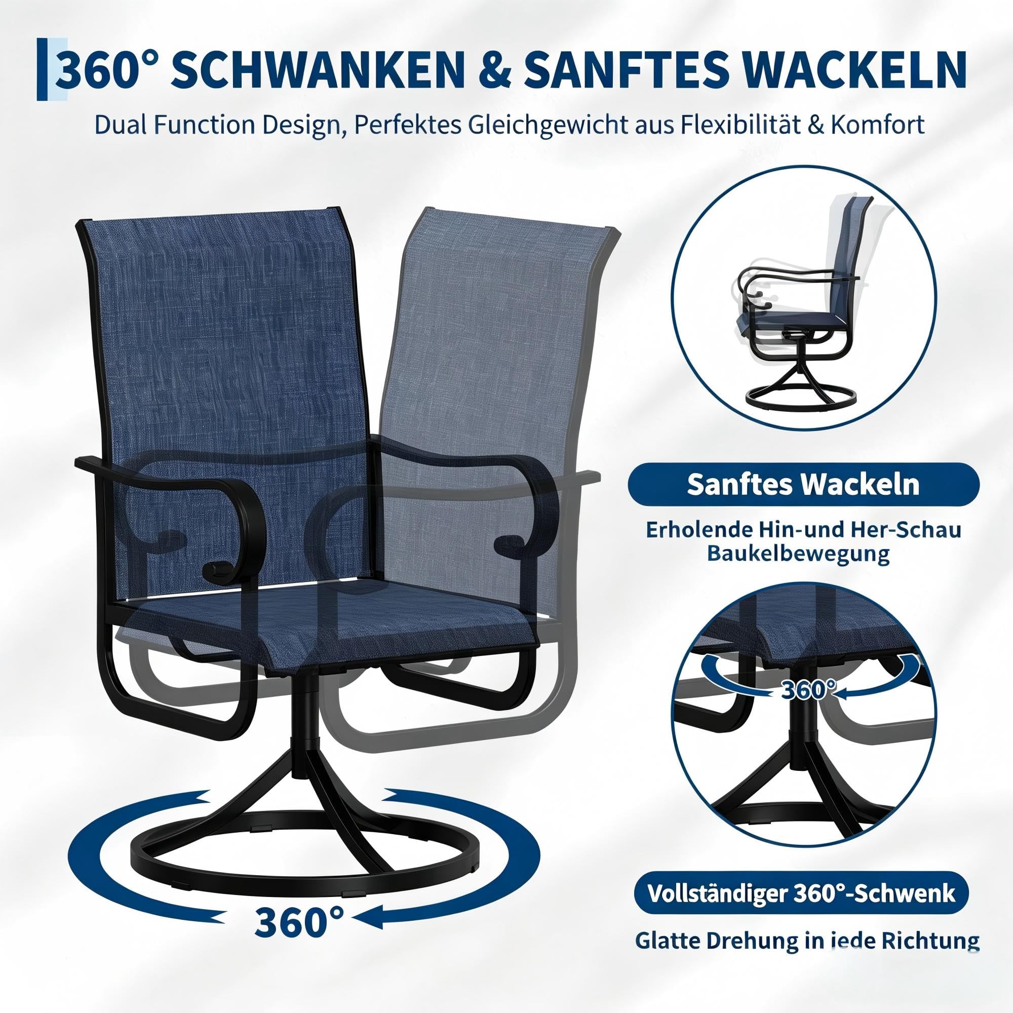 2er-Set Gartenstühle, 360° Drehbar & 15° Schaukelnd, Textilene, Hohe Rückenlehne, Patio-Drehstühle, Blau