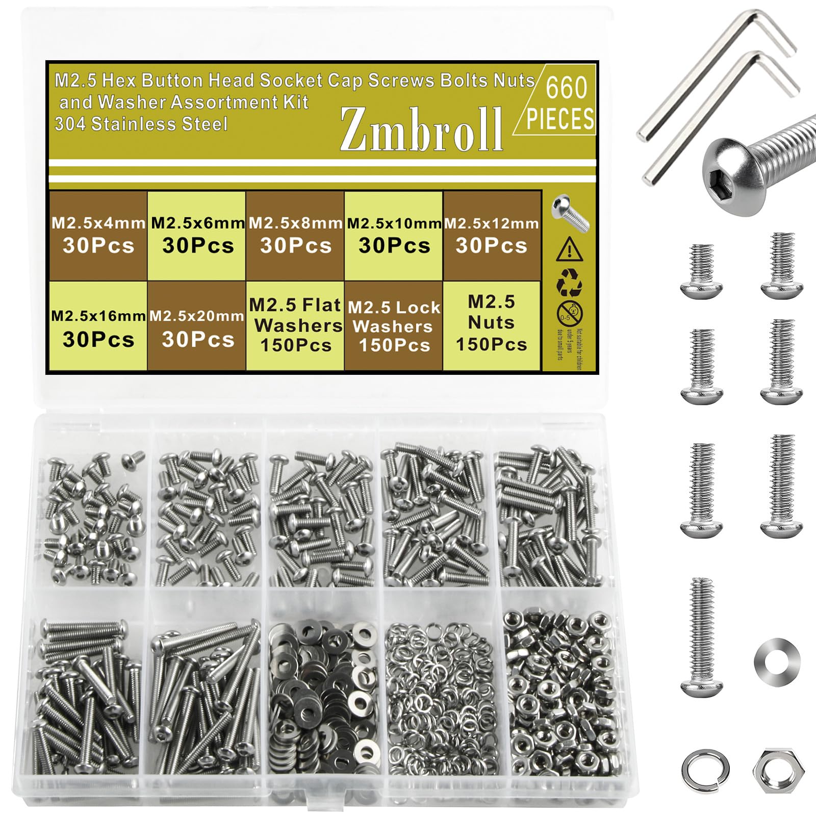 M2.5 Button Head Hex Socket Cap Screws 660Pcs M2.5x4/6/8/10/12/16/20mm 304 Stainless Steel Machinery Button Head Metric Fasteners Bolts Nuts Washers with Wrenches