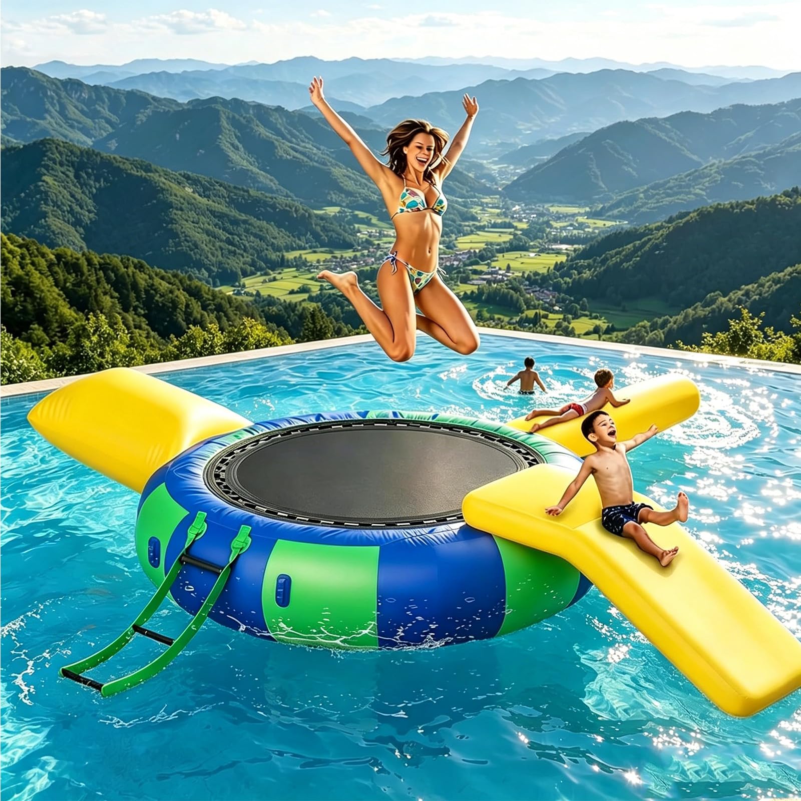 NSACMD ,5M,Water Trampoline Set — Inflatable Floating Bounce Platform: Combines Bouncing, Sliding, And Relaxation; Ideal for Summer Fun in Pools, Lakes, at The Beach, Or in The Backyard.