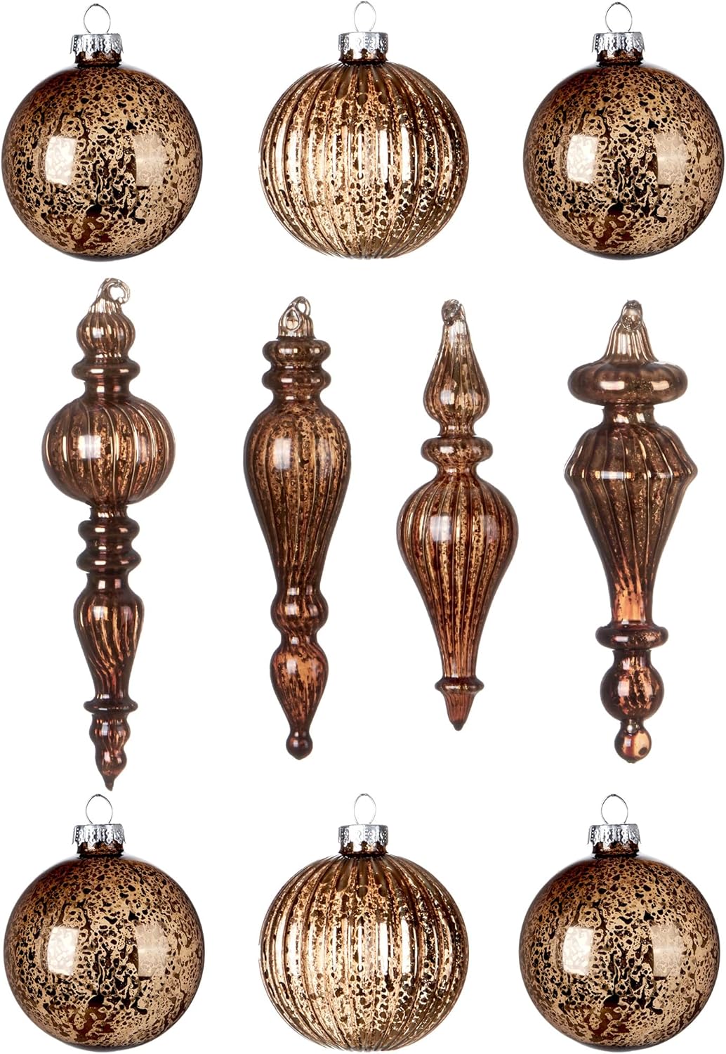 DN DECONATION Mercury Glass Christmas Ornaments, 10pcs Vintage Brown Glass Hanging Balls Finial with Different Shapes for Xmas Tree Decor,Luxury Christmas Baubles for Neutral Holiday Winter Decoration Multiple Brown Set of 10