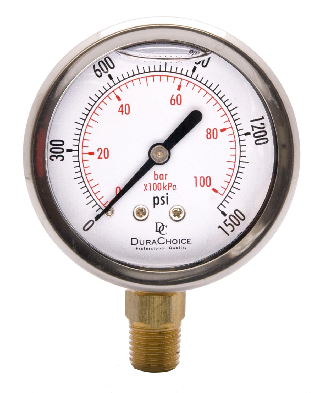 2-1/2" Oil Filled Pressure Gauge - Stainless Steel Case, Brass, 1/4" NPT, Lower Mount Connection, 0-1500PSI