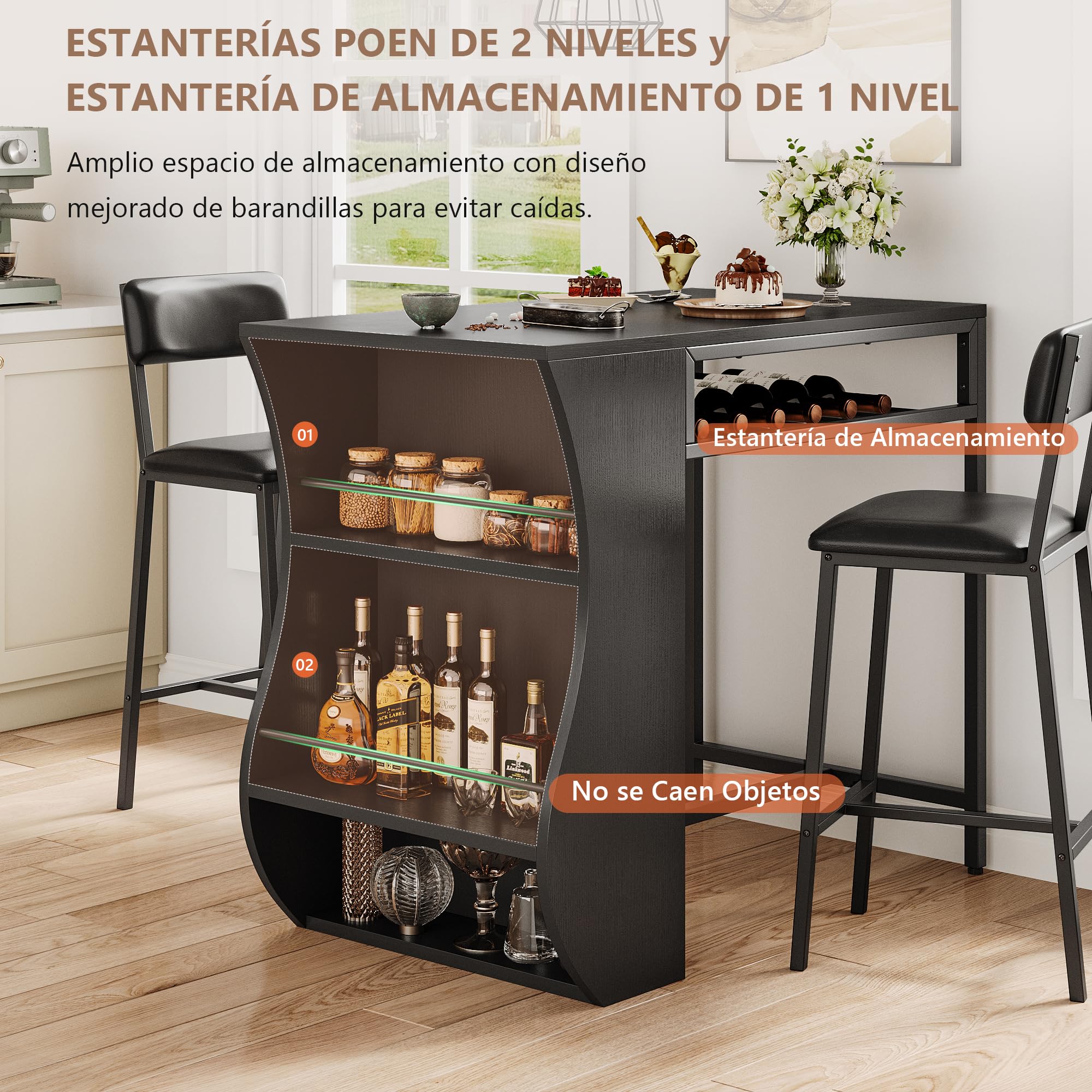 FEONASE Juego de mesa de bar y taburetes de 3 piezas con estantes de almacenamiento de 2 niveles y estante para vino, juego de 2 sillas y mesa de comedor pequeña para espacios pequeños, marco de acero