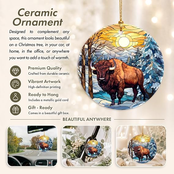 Animal Christmas Ornament 2024 | Stained Glass Bison Ornament, Wild Animals Christmas Tree Decor, Beautiful Scenic Buffalo, Keepsake, Yellowstone National Park (Bison in Light)
