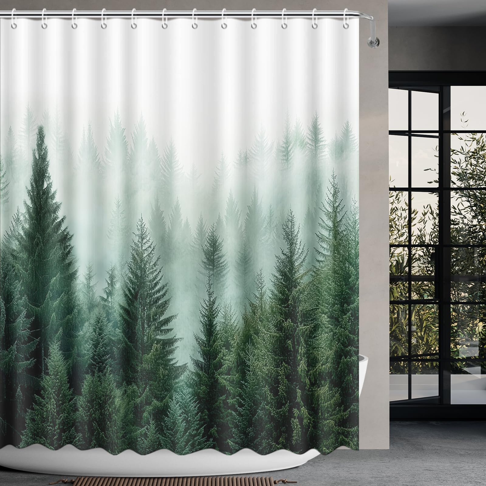 Rideau de douche vert forêt brumeuse imperméable en tissu pour salle de bain