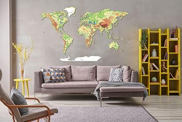 Colourful Wooden World Map - physical 250cm / 98" printed names, rivers, geographical features - unique design - for home, office
