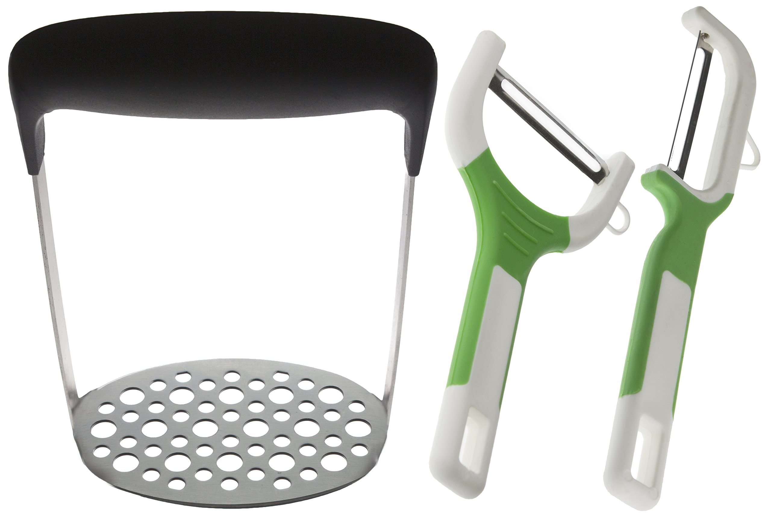 3 Piece Stainless Steel Potato Masher Vegetable Peeler Set by Eternal Chef (Black & Green)
