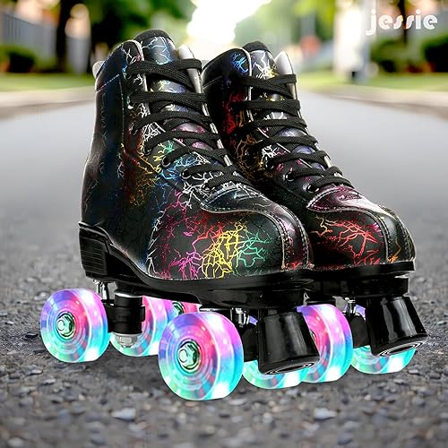 Miniatura 8 de jessie Patines de ruedas para mujer con estampado de cebra, patines de cuatro ruedas brillantes para adultos y jóvenes al aire libre con bolsa de