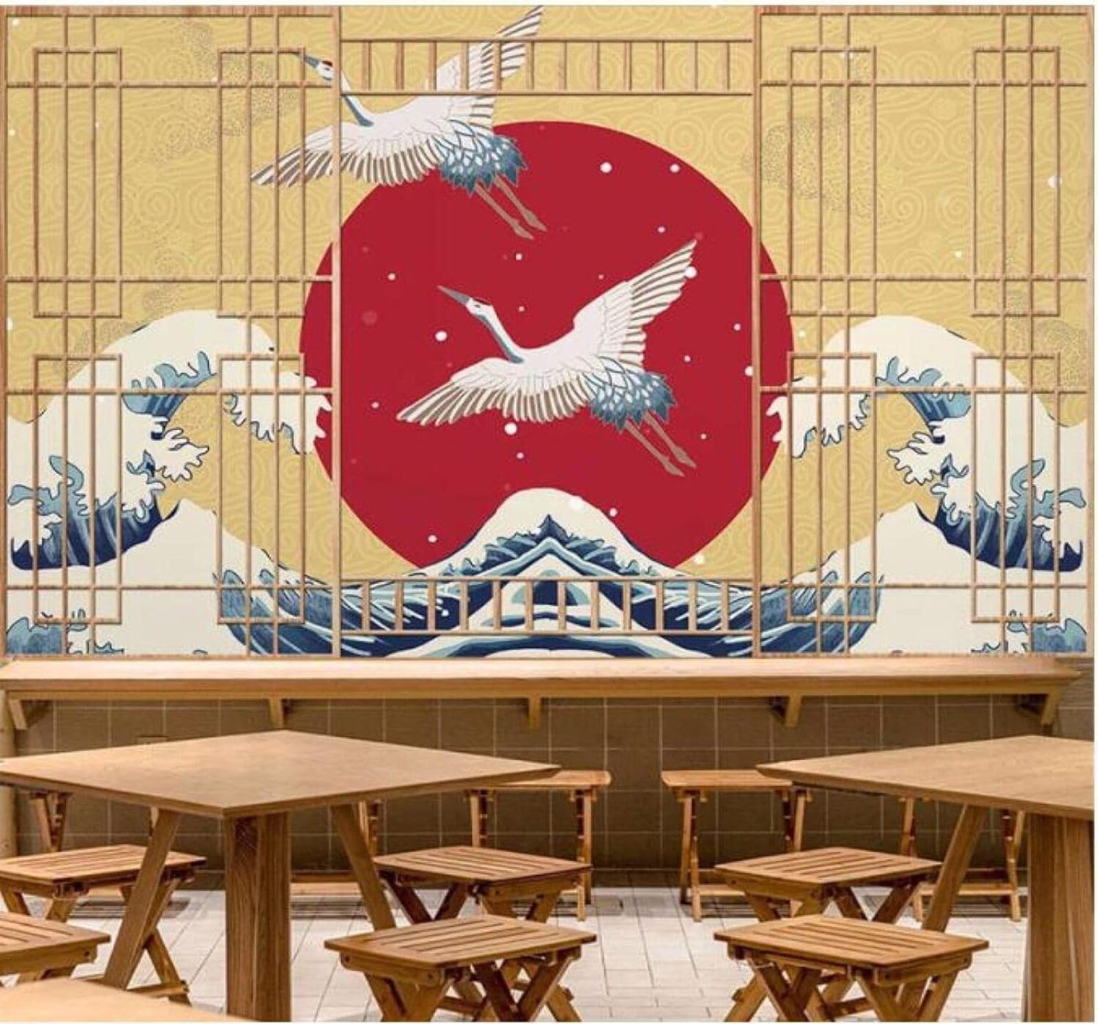 XLMING Abstract Faux Wood Door Ocean Waves Birds in Flight Sunrise 3D Wallpaper Luxury Home Dining Decor Paste Sofa Living Room The Wall for Bedroom Mural-350cm×256cm