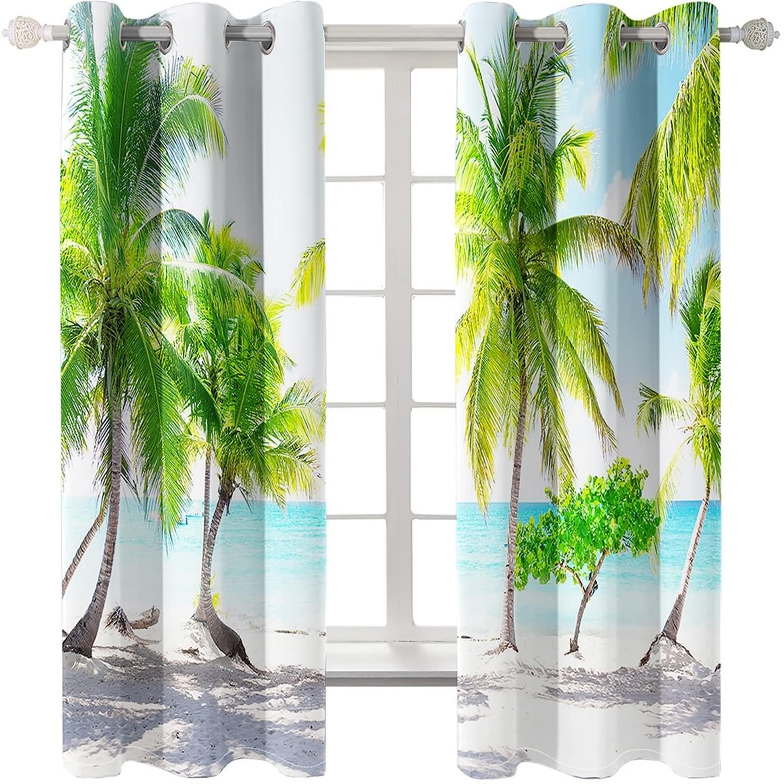 Zasłona okienna łazienkowa, zasłona do sypialni dla dorosłych zielona trawa plaża krajobraz i drzewo kokosowe poliester zestaw 2 szt 274 x 274 cm