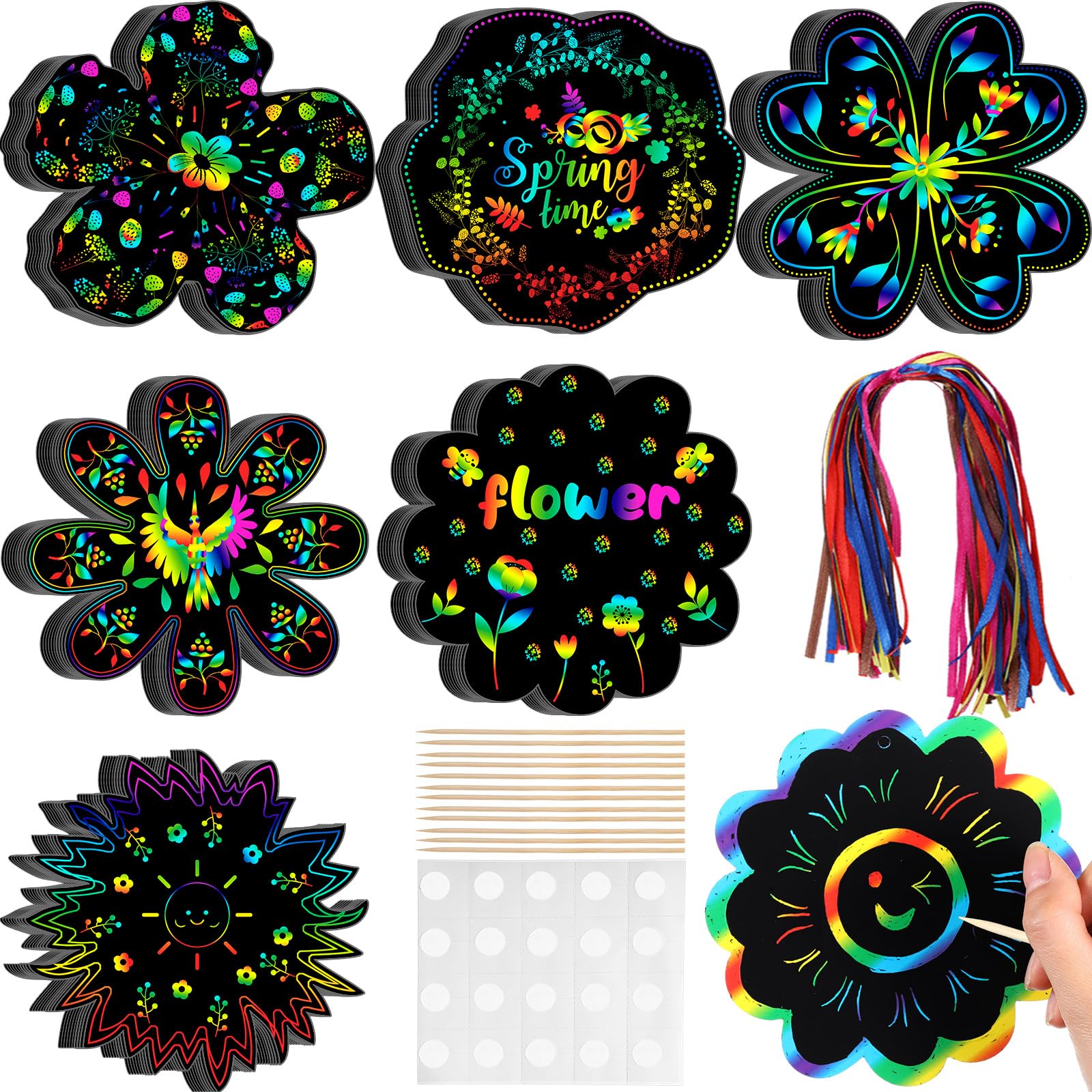 Hungdao 60 Pcs Flowers Scratch Cards Rainbow Summer Scratch Paper for Kids Rainbow Flower Crafts with Bamboo Stylus and Ribbon for Home Classroom School DIY (Flower)