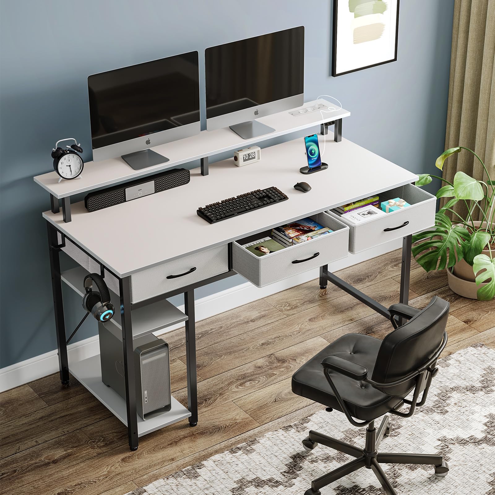 Rolanstar Schreibtisch mit Schubladen, Computertisch mit Steckdosen & LED, Gaming Tisch mit Monitorständer, Regal & 2 Haken, Gaming Schreibtisch für Büro, Wohnzimmer(Weiß, 137x47x90,5cm)