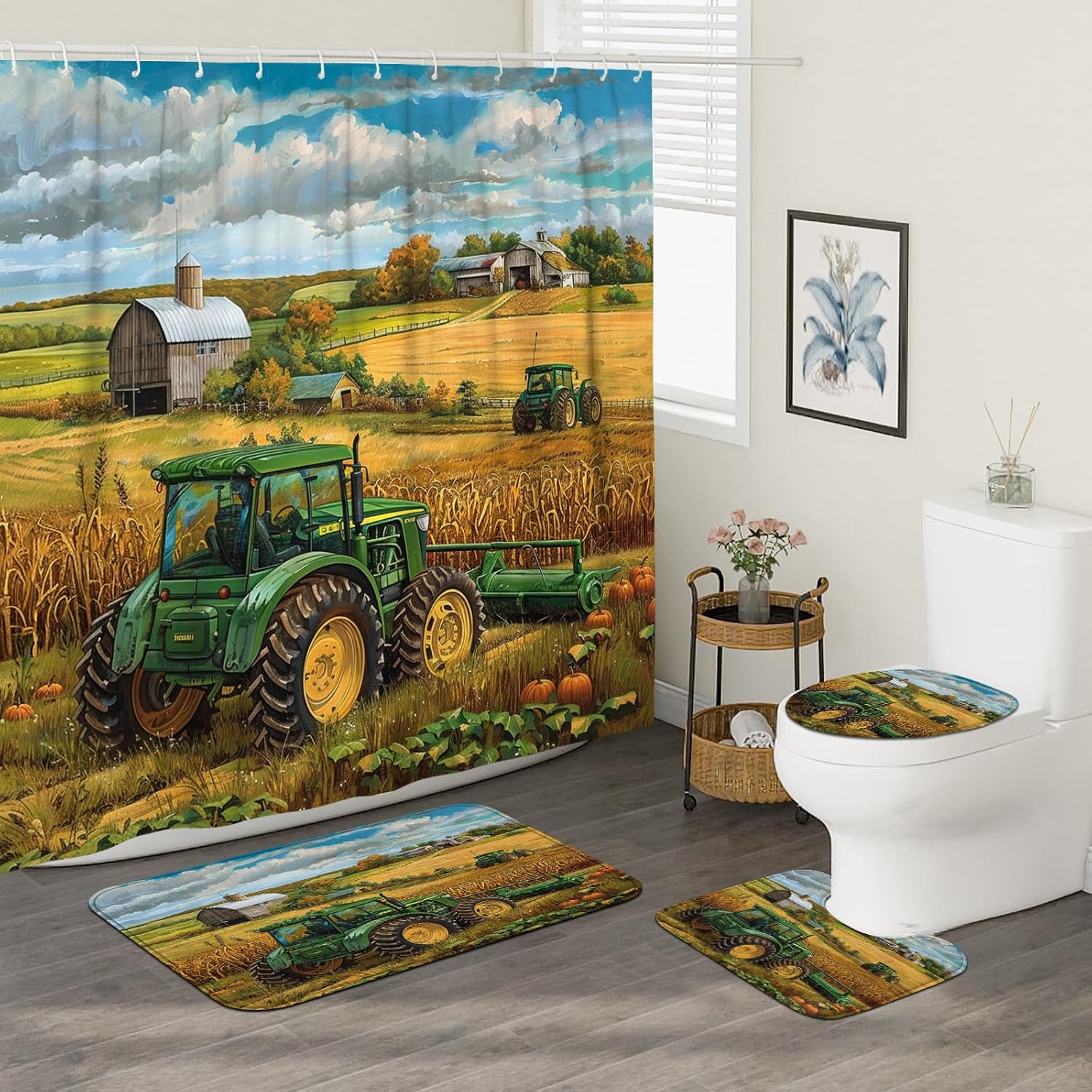 4PCS Fall Green Tractor Bathroom Sets, Bath Accessory with Non-Slip Rug, U Shape and Toilet Lid Cover Mat, Autumn Cool Farmhouse Scene Bathroom Decor-72" x 72"