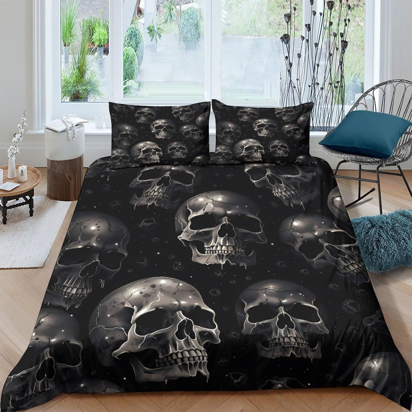 Gothic skullSet Di Copripiumino morbida Set di 3 Pezzi stampa 3D con cerniera Dark horror pattern copripiumino con federa traspirante ultra morbido e traspirante for bambini Super king（260x220cm）