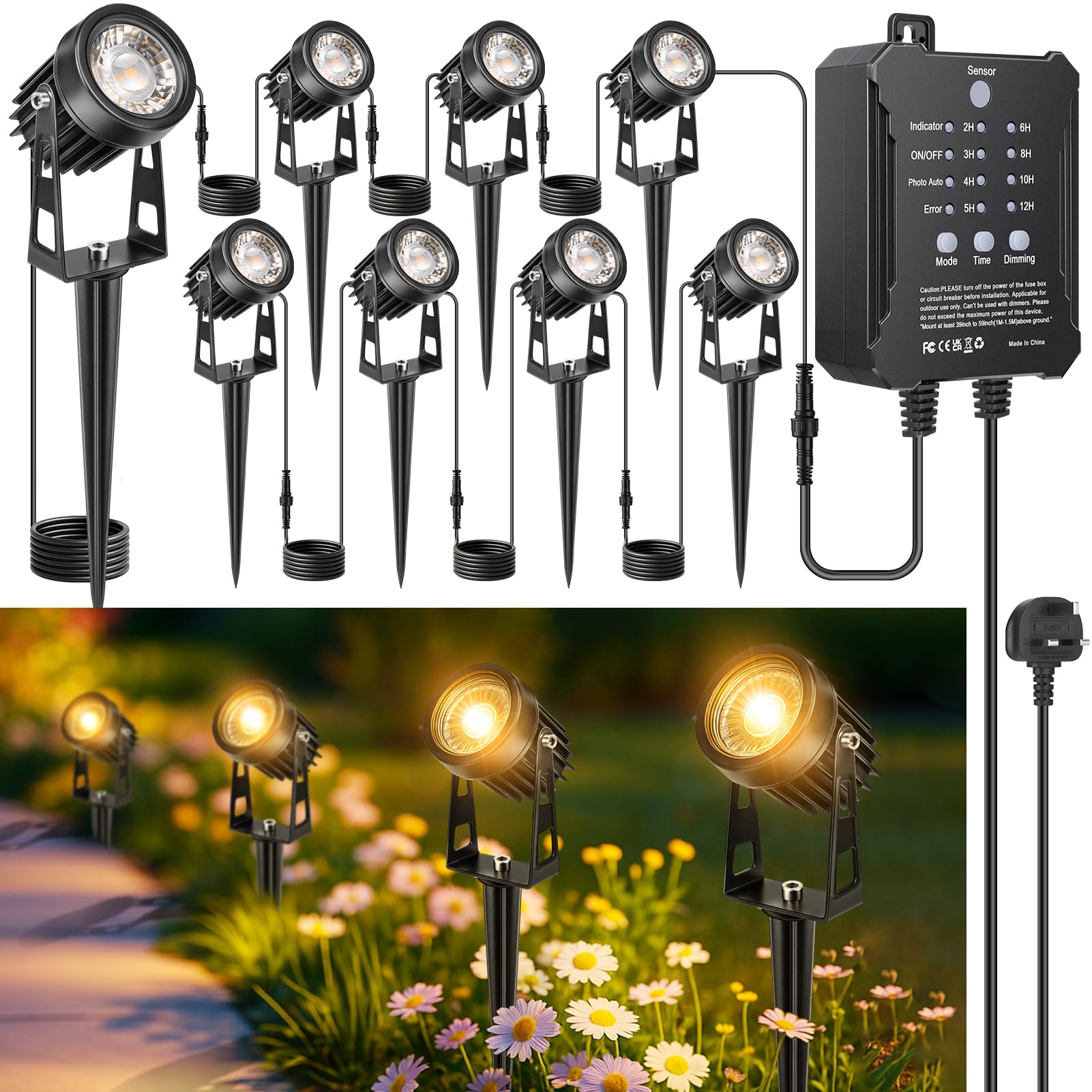 LightingWill Garden Lights Mains Powered with Timer & Photocell Sensor, Supports Extension Cable, 8 Pack LED Outdoor Spotlight, 3000K Warm White, IP65 Waterproof Low Voltage Garden Lights
