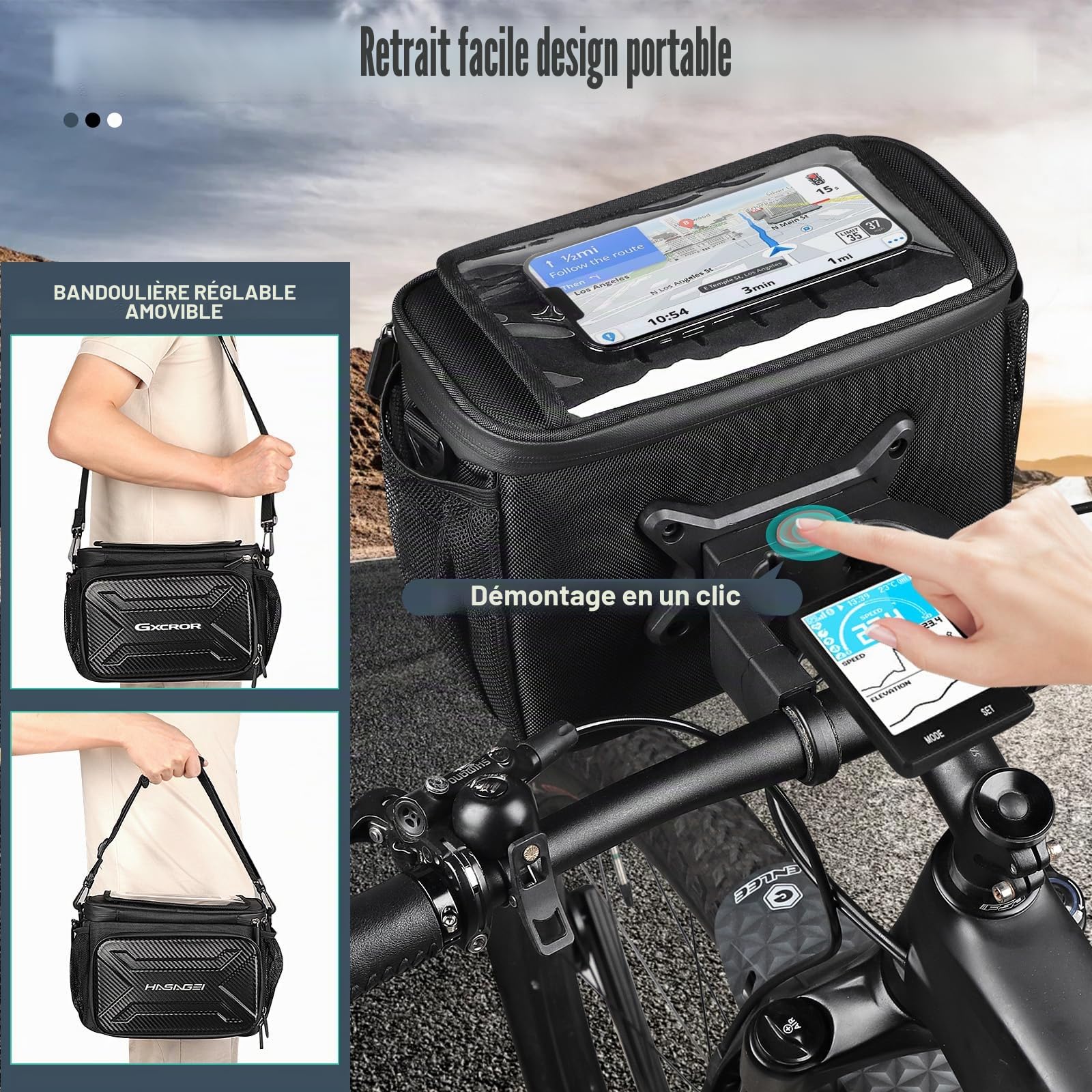 GXCROR Sacoche de vélo, 6 l, sacoche de guidon de vélo, étanche, avec adaptateur de guidon, sacoches de vélo, panier de vélo avant
