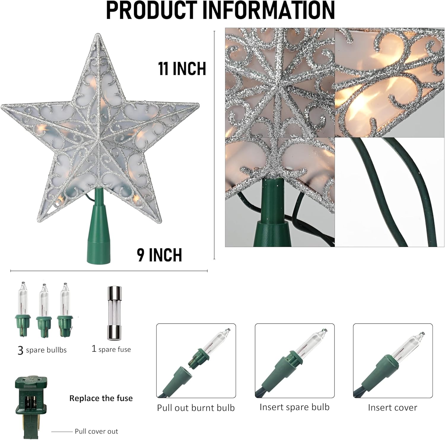 Dazzle Bright 11 Inch Star Tree Topper, Lighted Glitter Christmas Treetop with 10 Lights, Christmas Decorations for Xmas Tree Home Bar Shop (Silver) - Image 4