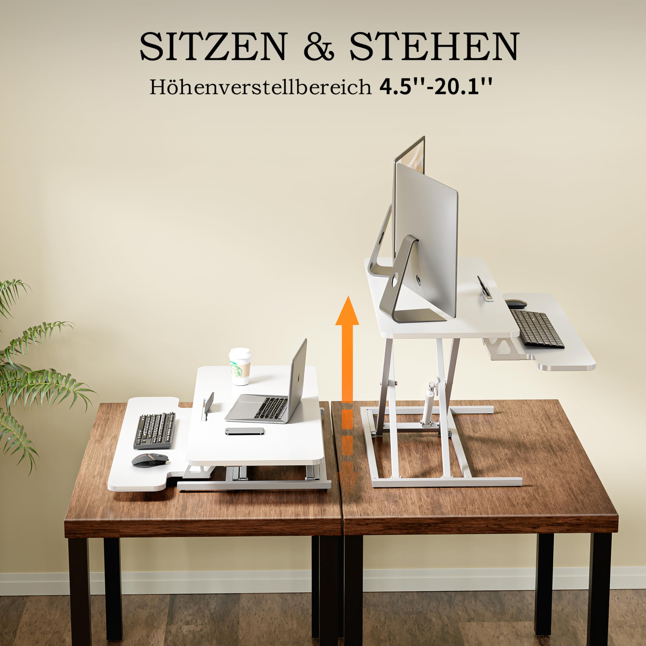 ERGOMAKER Steh-Sitz Schreibtischaufsatz Höhenverstellbar, Stehpult Aufsatz Schreibtisch 101 X 40CM Desktop Erhöhung mit Zwei Monitoren Tastaturablage Weiß