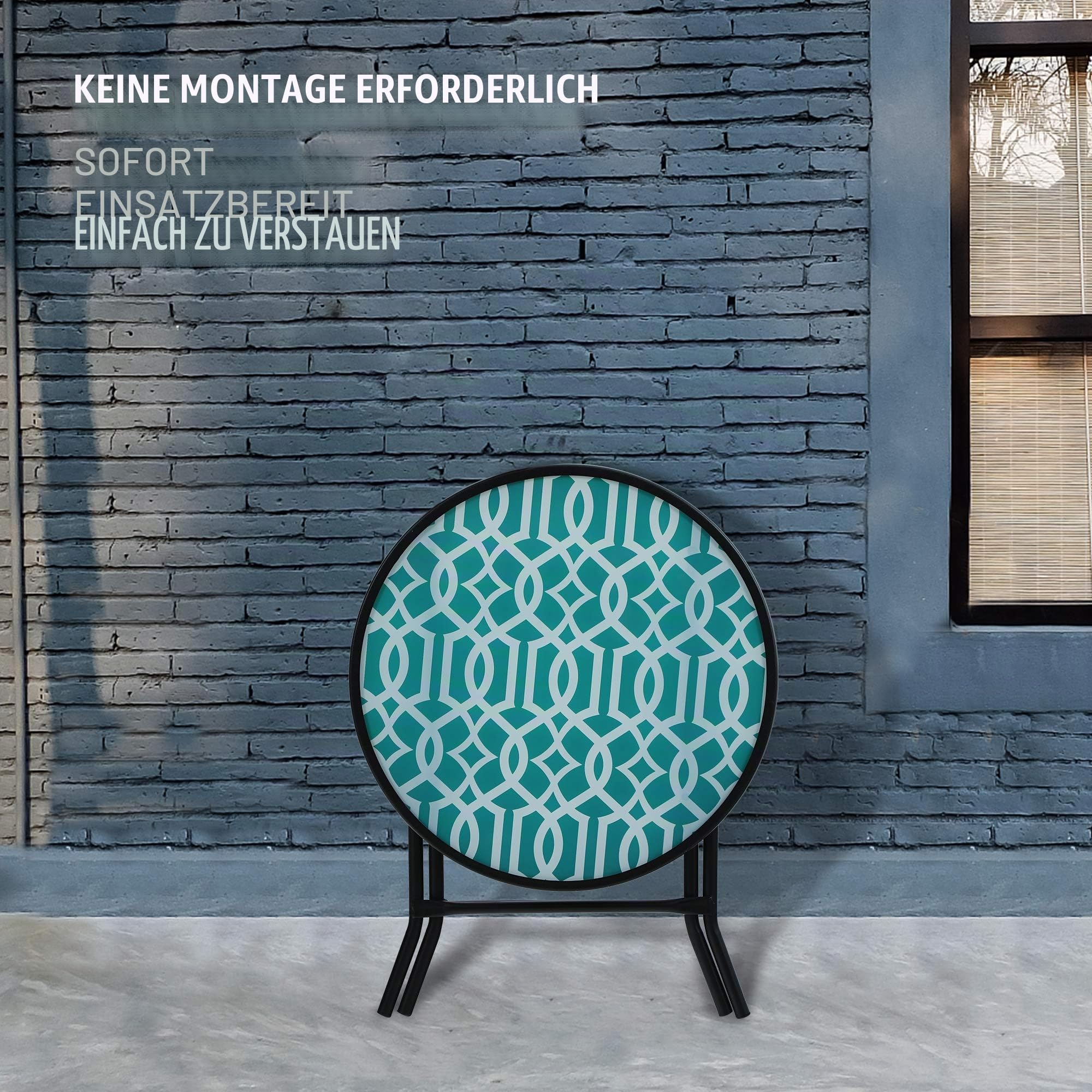 PHI VILLA Klappbar Runder Beistelltisch Glas aus Metall Gartentisch Kaffeetisch Klein Balkontisch wetterfest pflegeleicht für Balkon Garten Terrasse Wohnzimmer
