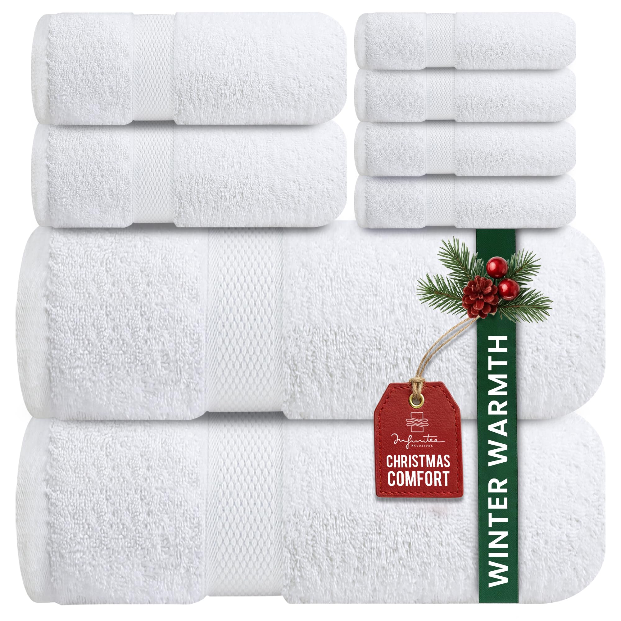 Infinitee Xclusives Luxury 100% Cotton Towel Set – 8 Piece Bathroom Towel Set (2 Bath Towels, 2 Hand Towels, 4 Washcloths) – Soft & Absorbent Towels for Bathroom (Brilliant White)