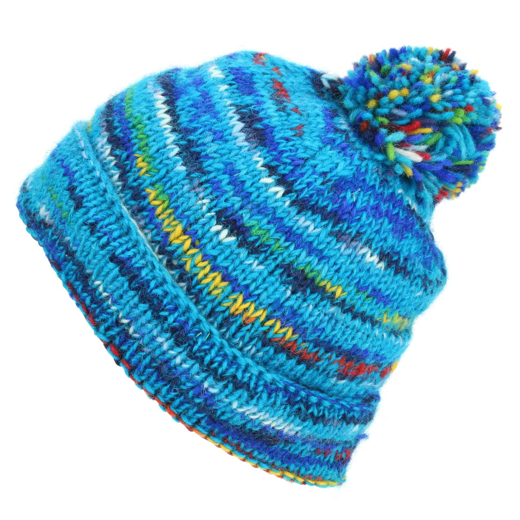 LOUDelephant Chunky Wool Knit Beanie Bobble Hat - SD Bright Blue Mix
