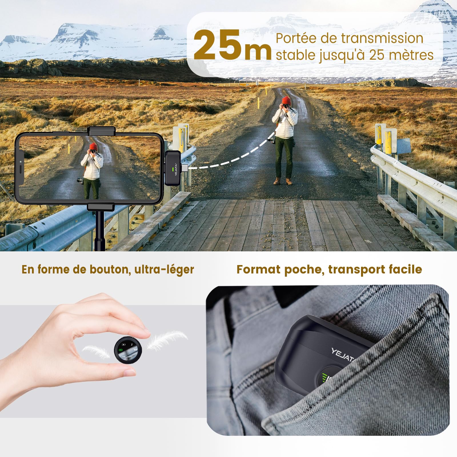 Microphone Cravate sans Fil 2-en-1 pour vidéo | 2 émetteurs, récepteur USB-C/Lightning, réduction du bruit DSP, boîtier 40 h, portée 25 m, compatible iOS et Android.