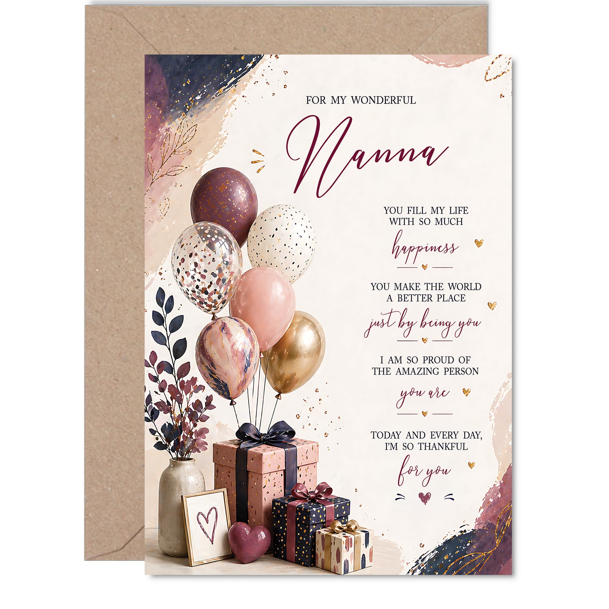 Heartfelt Birthday Card for Nanna - Overflowing with Love - Balloons, Gifts and Floral Bursts in Pink and Gold, Mother's Day - 5X7 Inch, Envelope Included