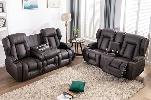 Miniatura 3 de VUYUYU Juego de sofá reclinable para sala de estar, sofá reclinable tapizado, sofá reclinable de cuero unido manual reclinable (marrón, juego de 3+2)