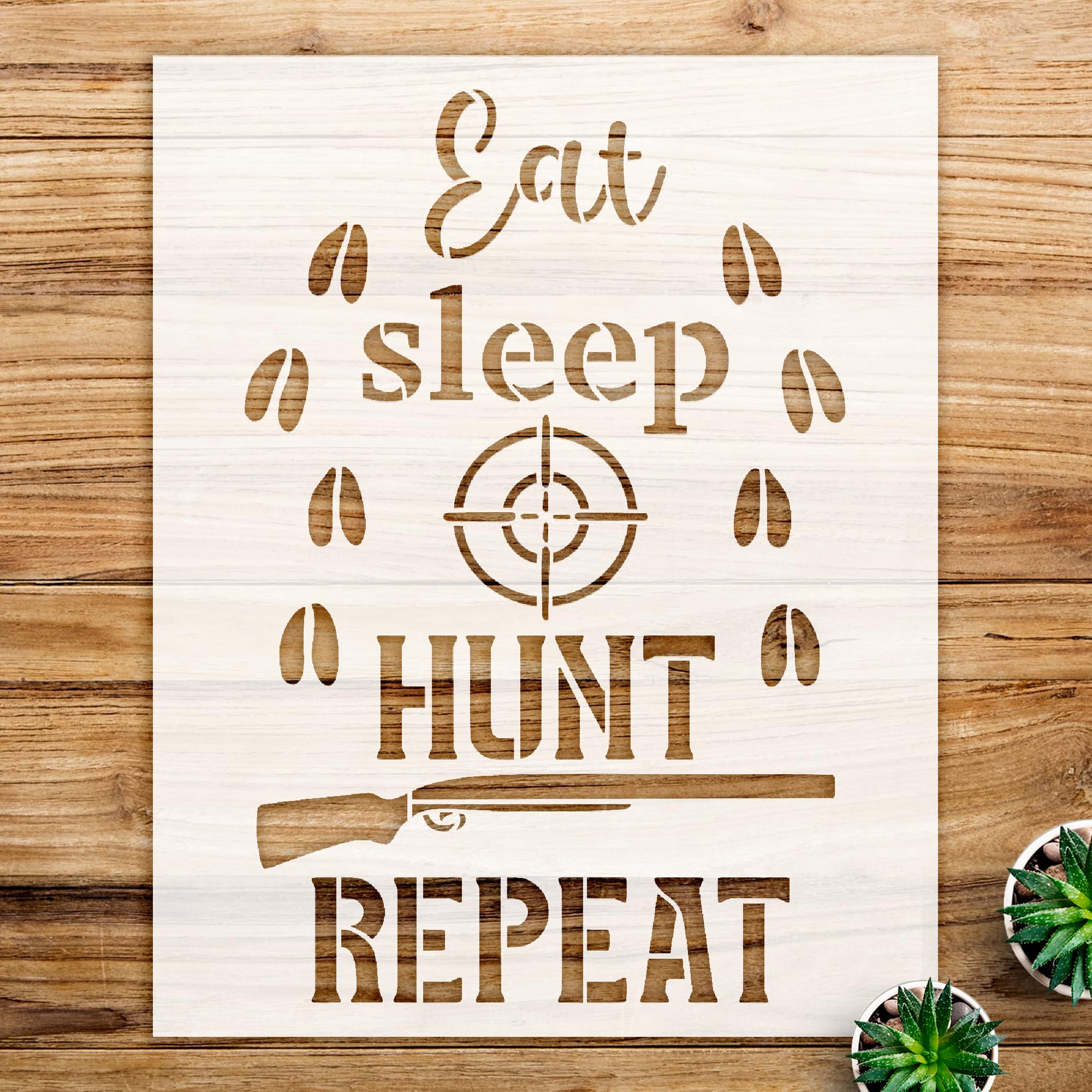 Eat Sleep Hunt Repeat Stencil Pattern for Walls and Crafts, Reusable Mylar Template Featuring Deer Footprints, Ideal for Country Cabin Home Decor and DIY Projects - Size A3 (13.2