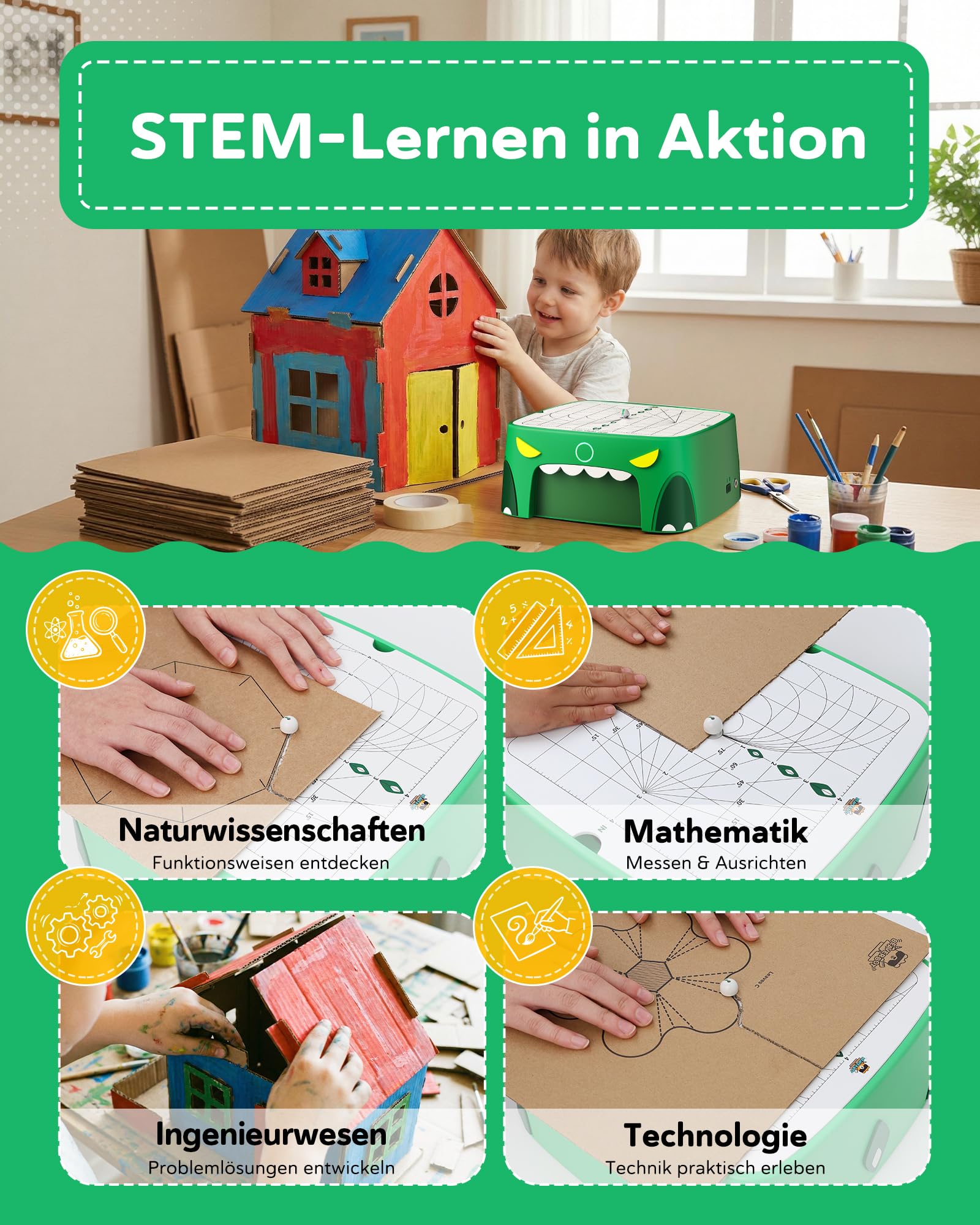 Kartonschneider Kinder Spielzeug ab 3 Jahren | Sicheres DIY Karton Werkzeug & STEM Spielzeug | Karton & Pappe upcyceln für kreative 3D-Modelle – ideal Geschenkideen für Zuhause und Schule (Grün)