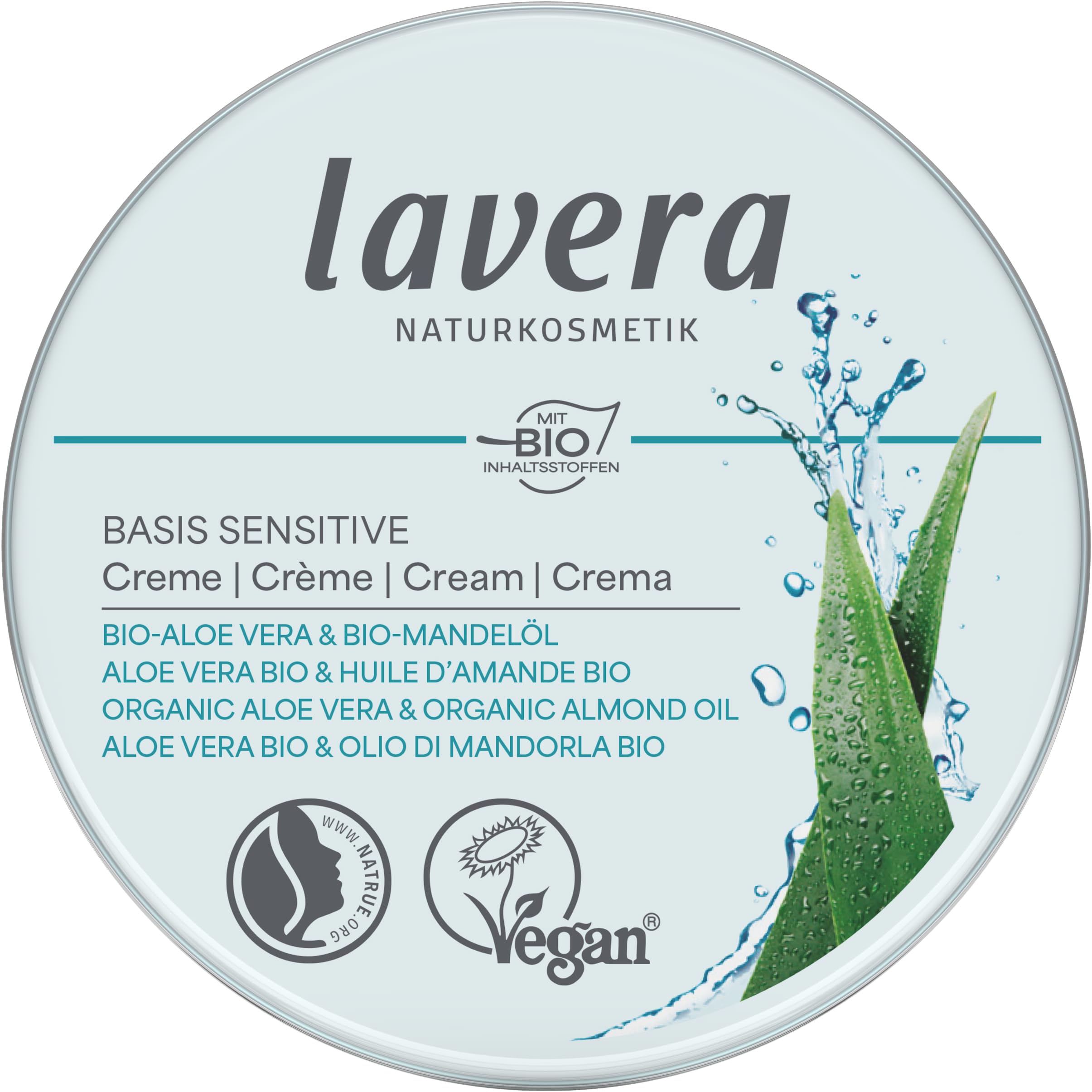 lavera Basis Sensitive Creme – Feuchtigkeitscreme mit Bio Aloe Vera & Bio Mandelöl – Intensive Pflege für trockene Haut – Feuchtigkeitsspendende Gesichtscreme – PETA-zertifiziert – 150 ml