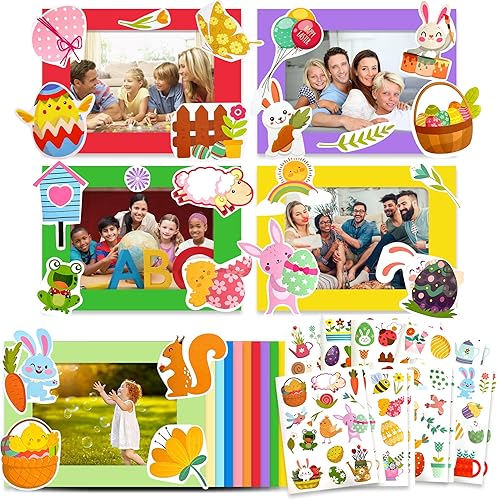 Miniatura 1 de Loofamy Paquete de 36 kits de manualidades de primavera y Pascua para niños, marco de fotos de 4 x 6 pulgadas, huevos de Pascua, flores, calcomanías