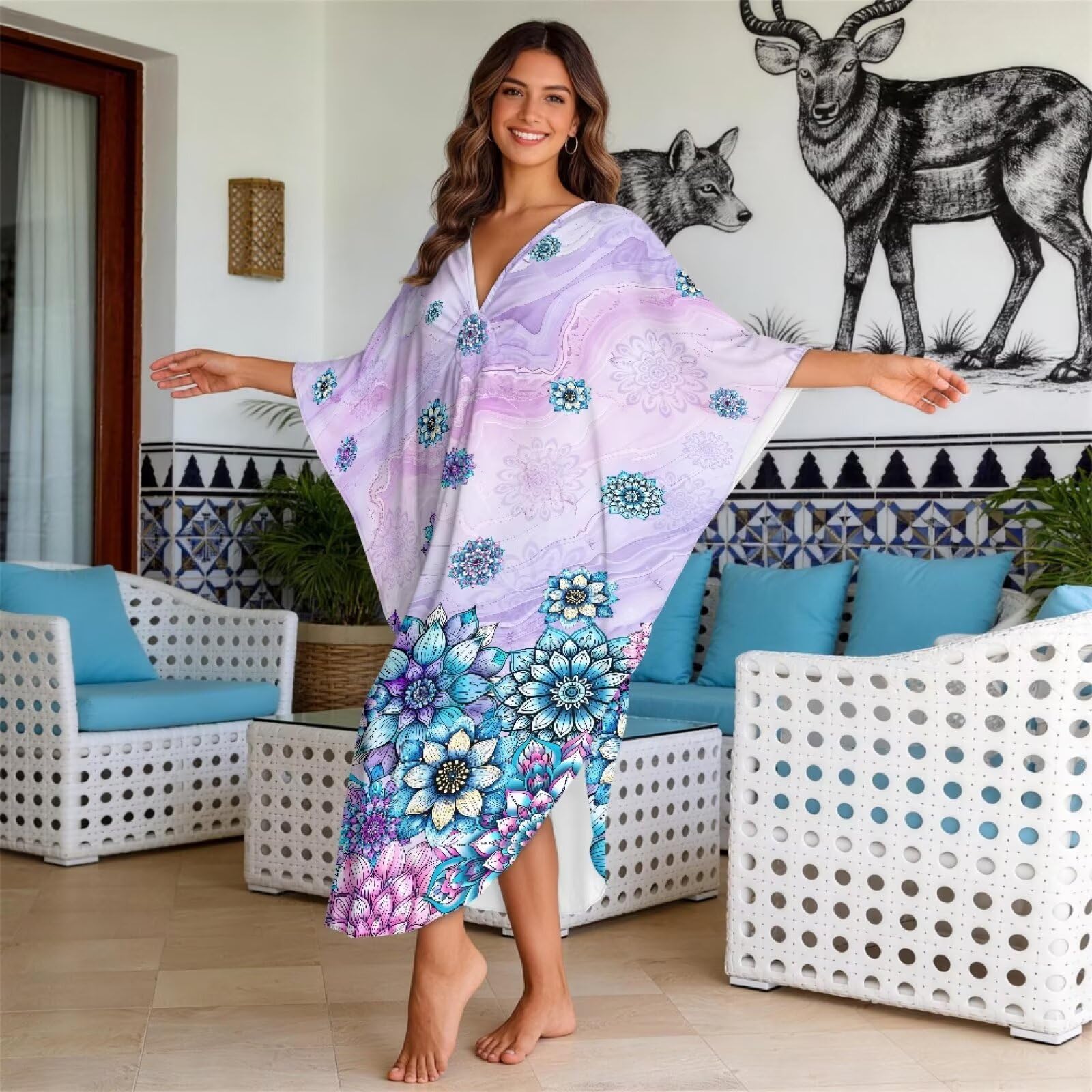 Xoenoiee Kaftan sukienki damskie dekolt w serek plus size kaftany rękaw nietoperz okrycia plażowe letnia sukienka plażowa