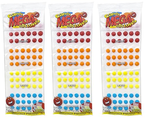 Stichler Mega Candy Buttons - Paquete de 3, 648 botones en total, cereza, naranja, limón y frambuesa, dulces a granel, caramelos retro, caramelos