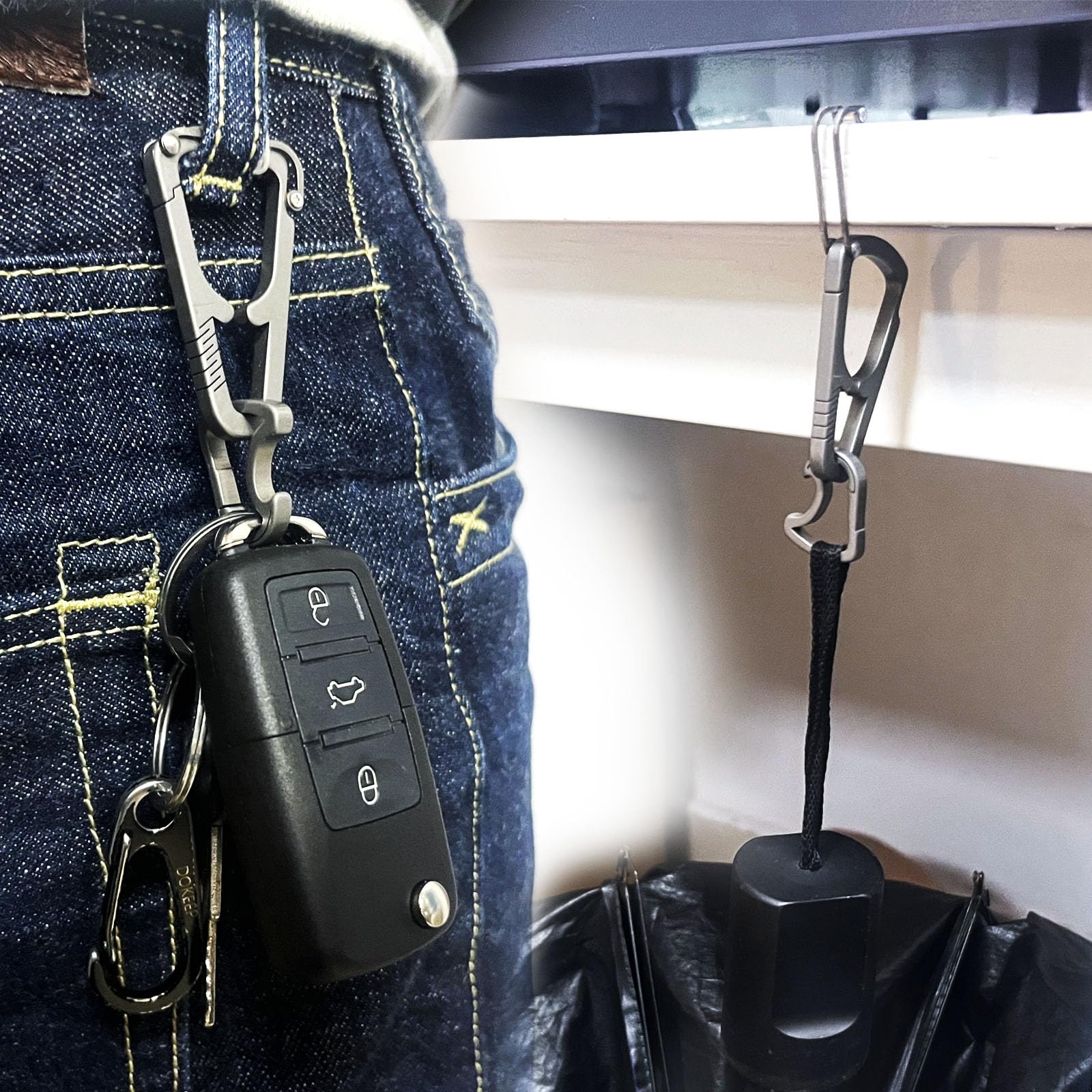 Titanium Carabiner Keychain Clip,Foldable Portable Cell Phone Stand Purse Hook for Table Multifunctional Key Holders Utility Small Snap Ring Folding Key Ring Organiser