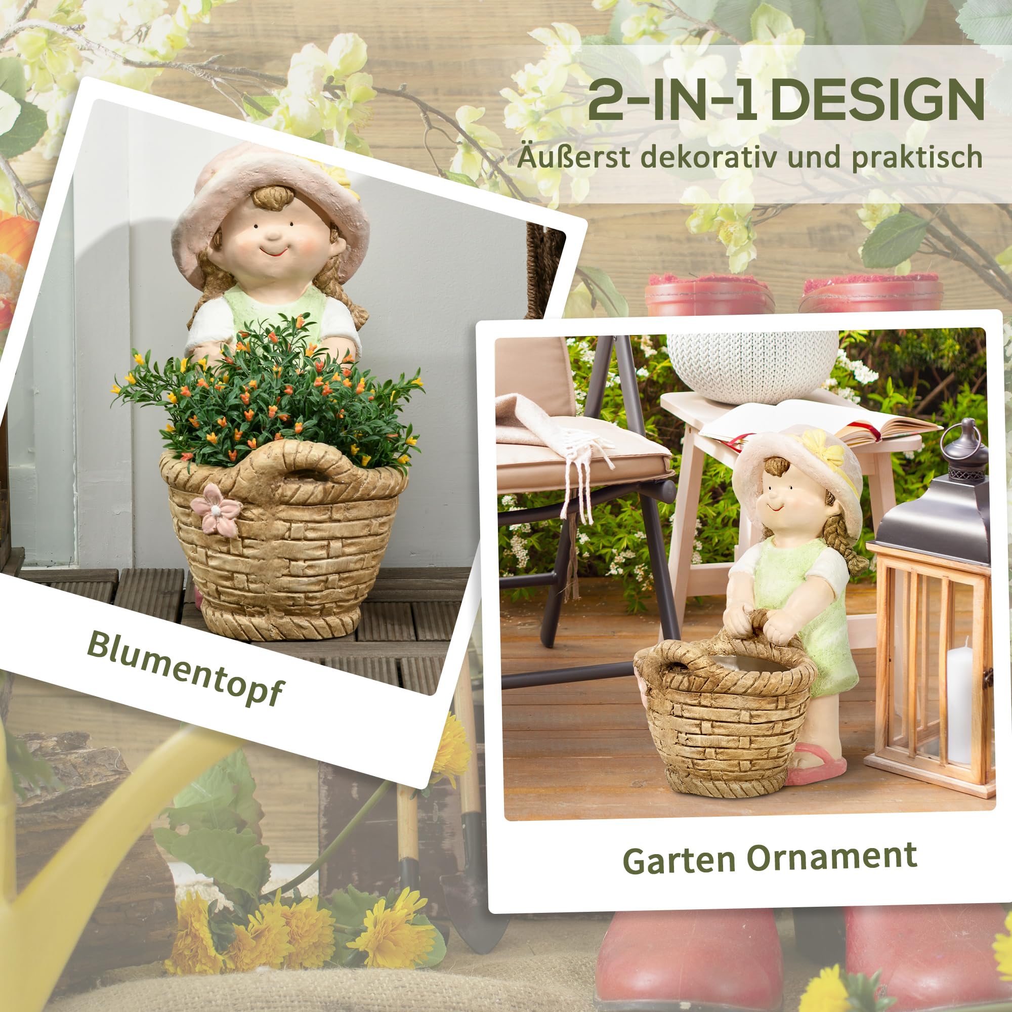 Outsunny figura da giardino "Ragazza con vaso di fiori", statua da giardino resistente alle intemperie, ornamento per vaso di piante, decorazione da giardino, scultura per la decorazione di casa,