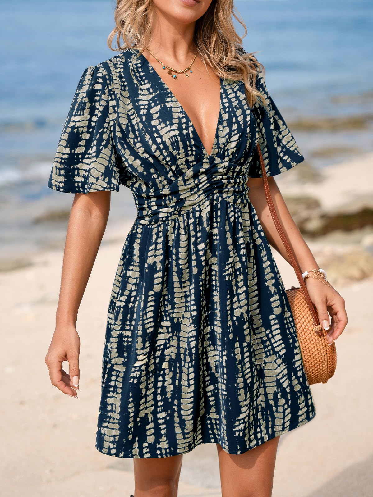 CUPSHE Mini robe d'été pour femme - Abstrait - Col en V plongeant - Manches courtes - Taille élastique