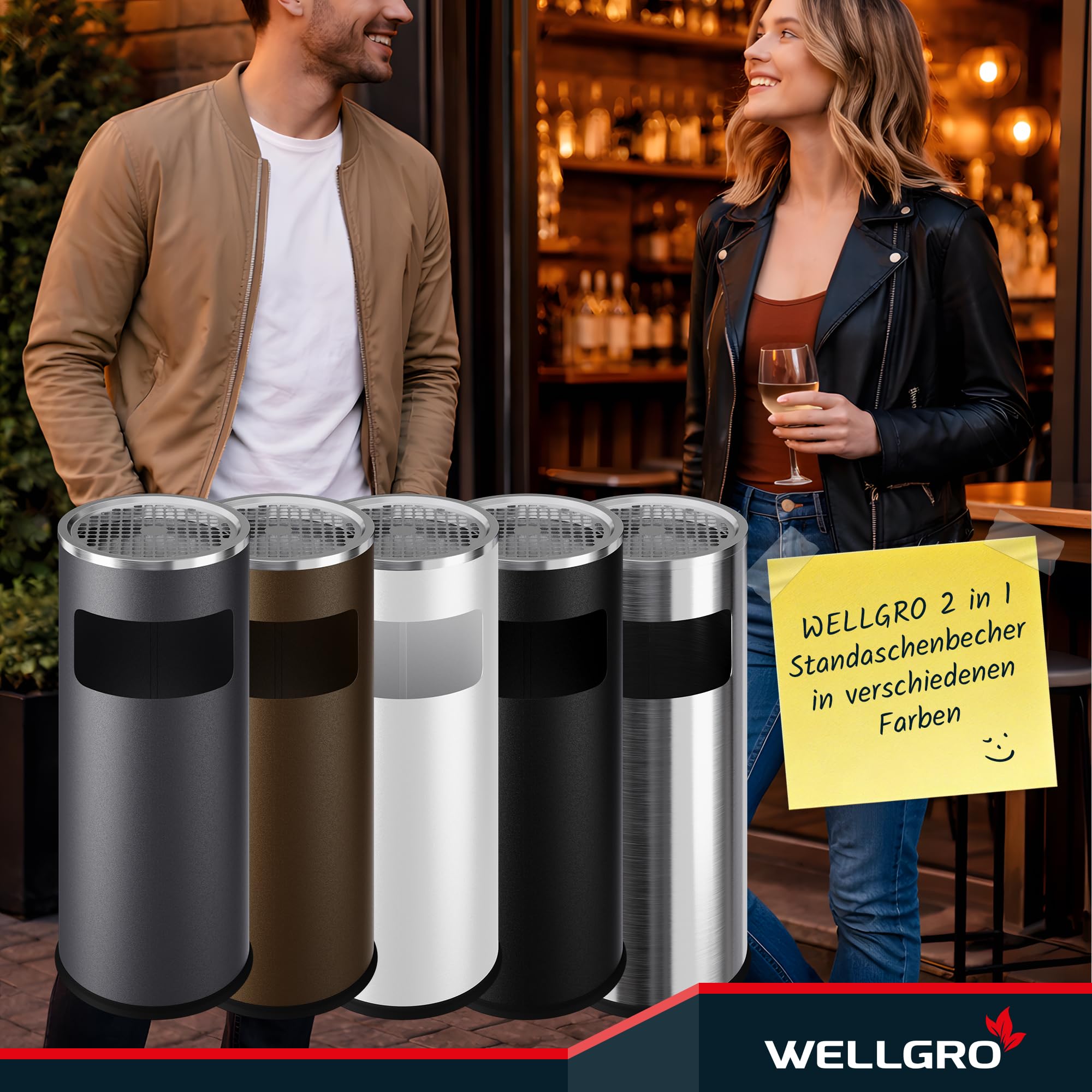 WELLGRO 2 in 1 Standaschenbecher Edelstahl für draußen – Wetterfester Standascher schwarz mit Mülleimer & Abfalleimer, großer Aschenbecher für Außenbereich, Terrasse, Eingang & Gewerbe
