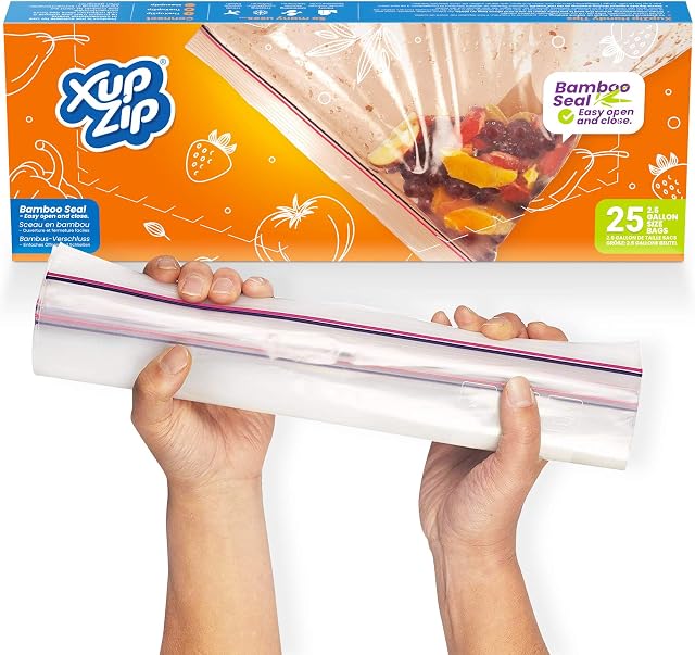 20 x Food Storage Freezer Bags by XupZip - 2.5 UK Gallon Size 11.3L, Reusable, Heavy-Duty Plastic - Airtight and Leakproof Bamboo Seal - BPA Free