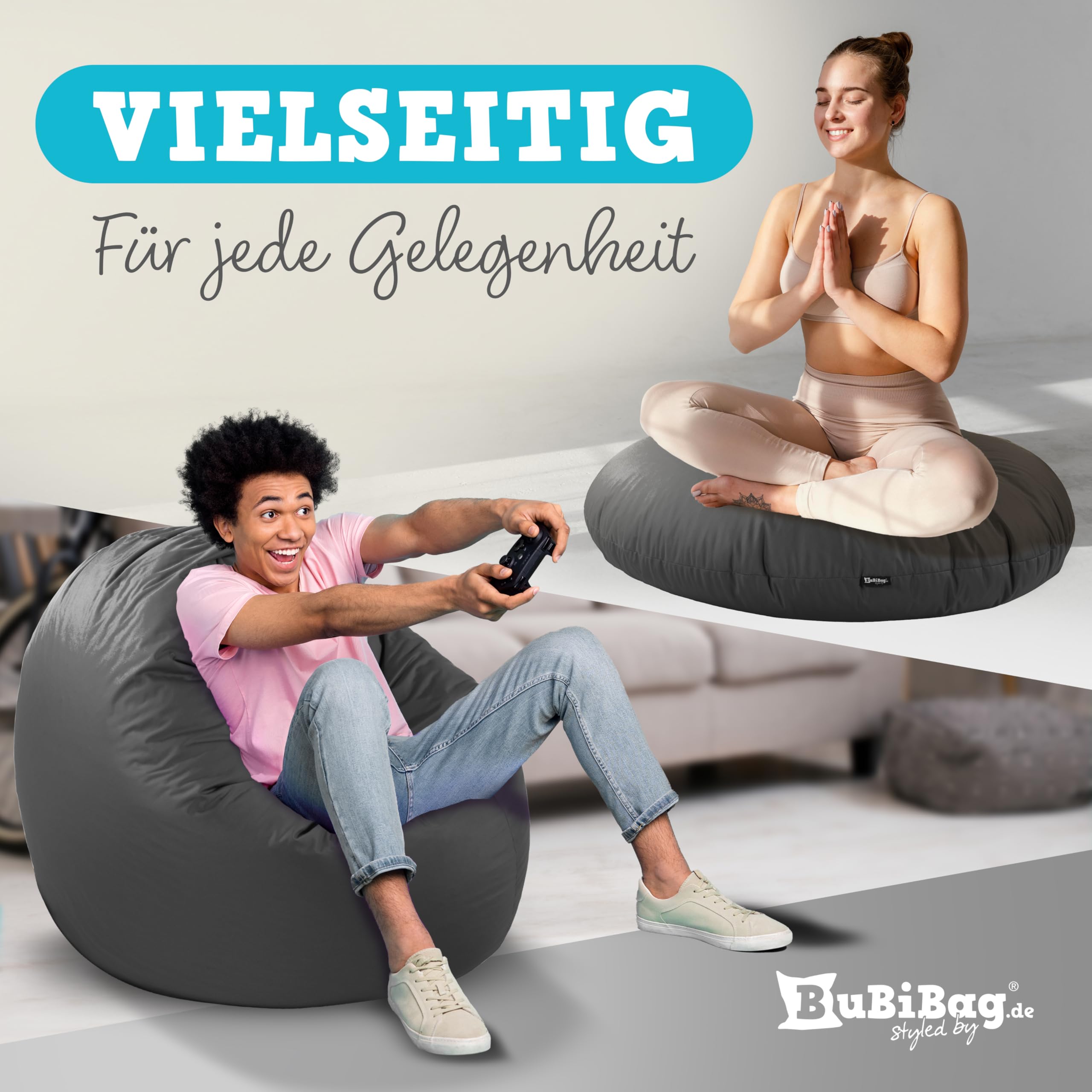 BuBiBag 2in1 Sitzsack L - XXL mit Füllung für Kinder & Erwachsene, Gaming Beanbag & Bodenkissen für Indoor & Outdoor Sessel Pflegeleicht & Wasserabweisend XL UNIVERSELL (Ø 130 cm Anthrazit)