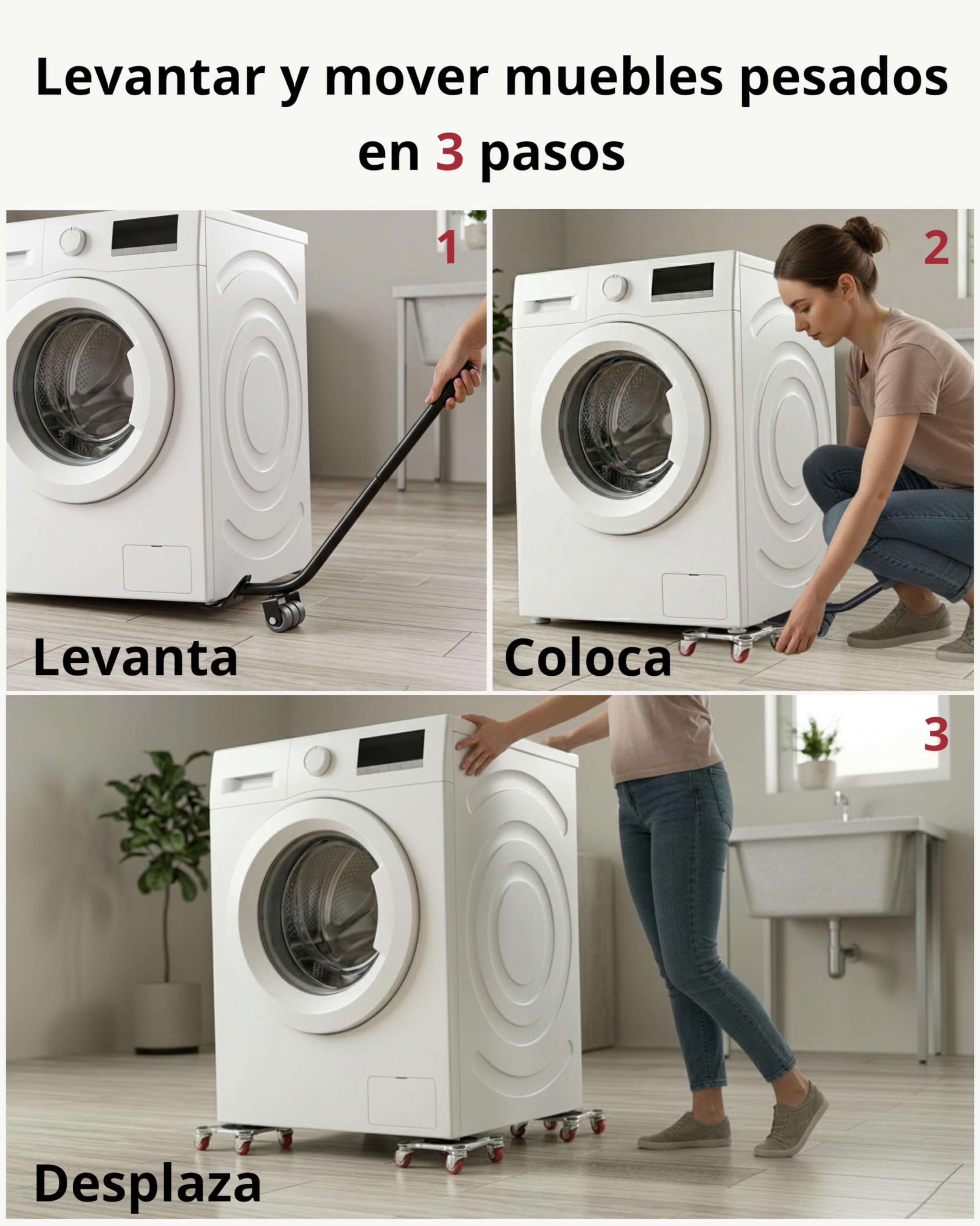 Kit para Mover Muebles Pesados | 4 Plataformas Acero Reforzado con 5 Ruedas 360° y 2 Frenos | Palanca Elevadora Extensible | hasta 800 kg | Protege Parquet y Suelo
