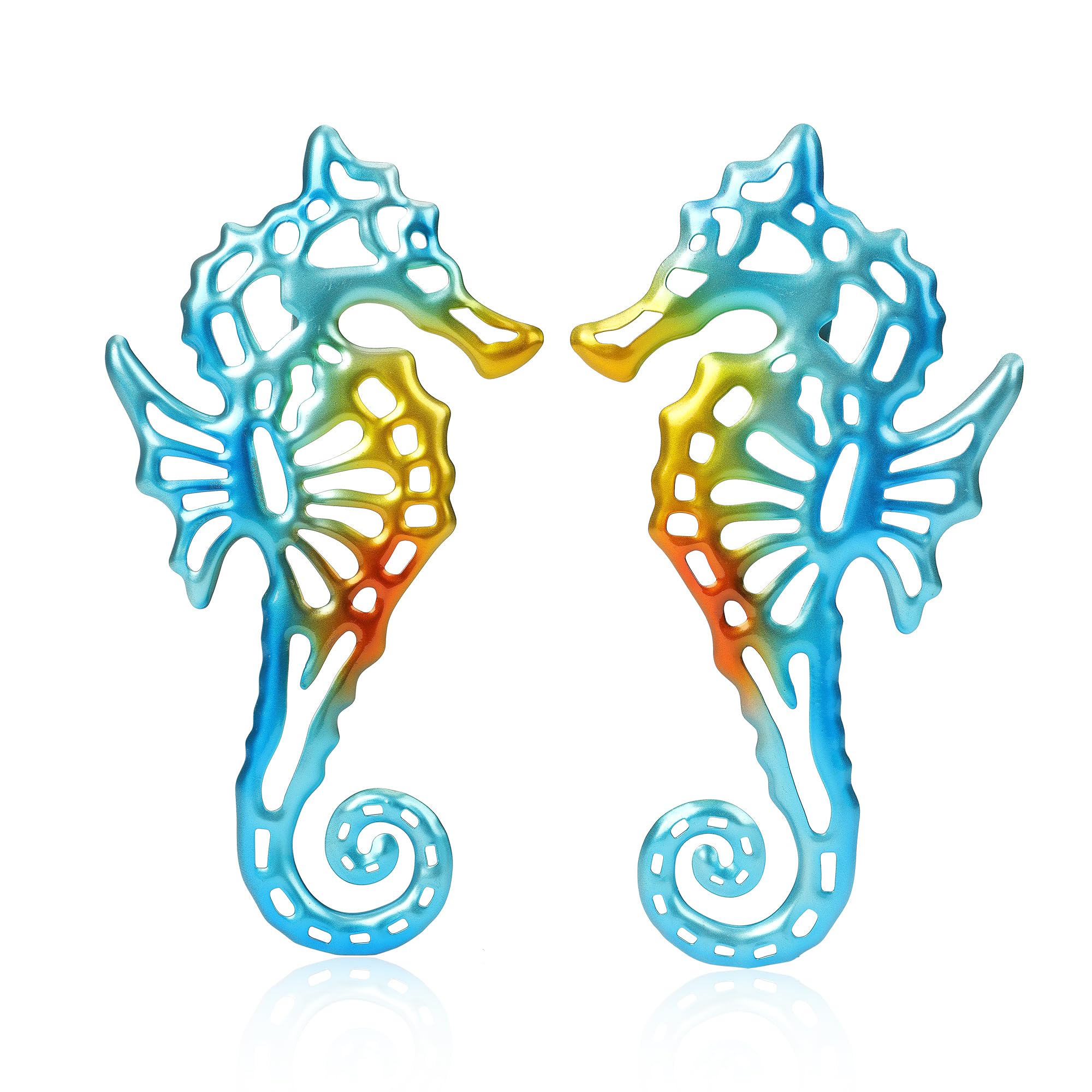 Father'sDen Collection Seahorse metal wall decor-bathroom wall art decor-12 inch complimentary self-facing pair –multi colored metal ocean art-coastal