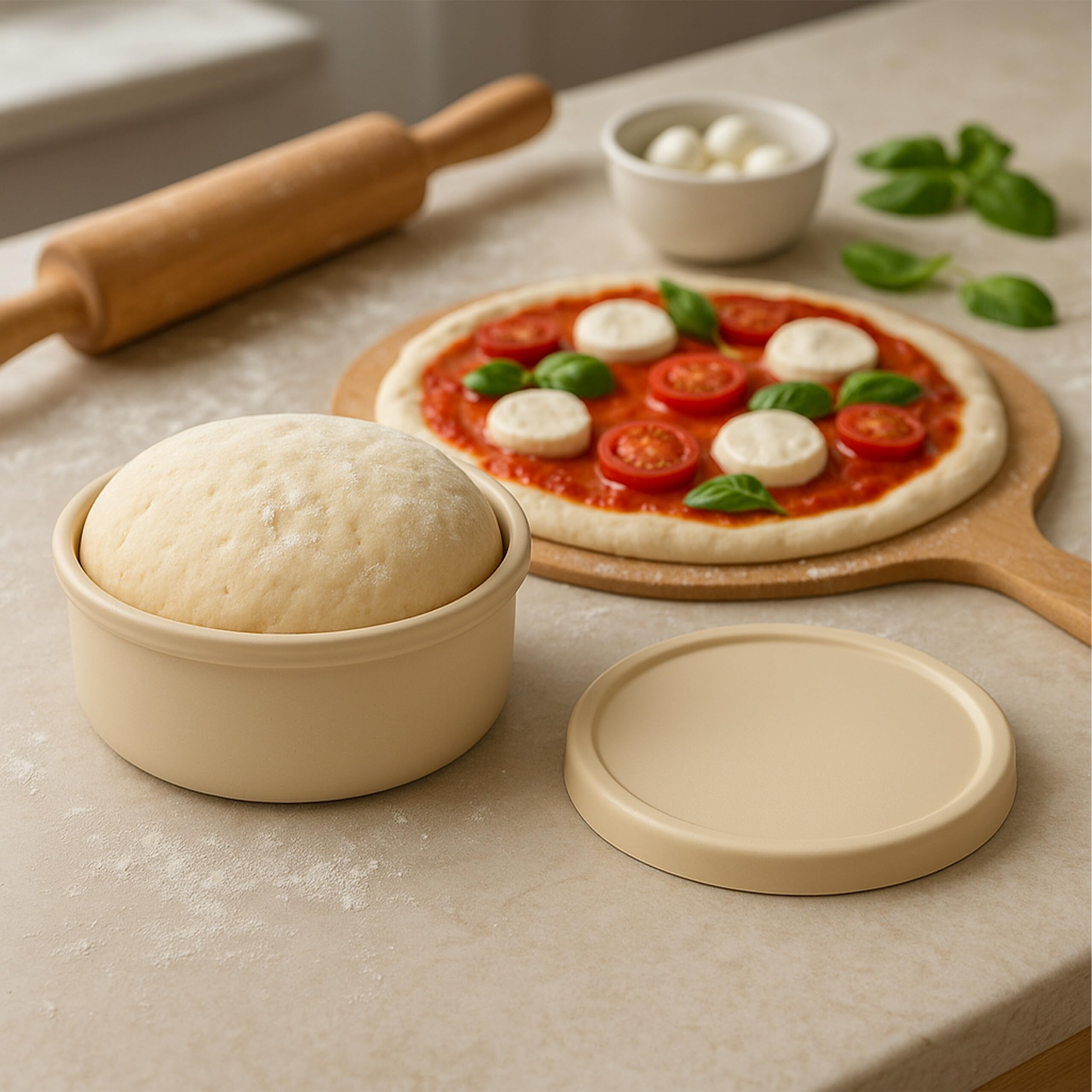 Relaxdays Caja Pizzaballs, Set de 4, Silicona, hasta 350 g Masa, congelable, 6,5×14,5 cm, con Tapa, Beige
