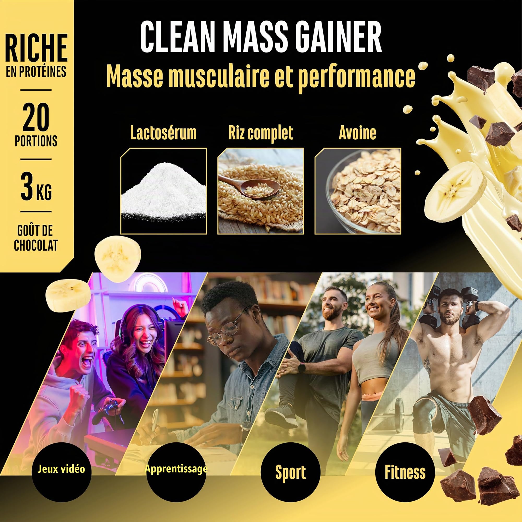 GEN GERMAN ELITE NUTRITION Clean Weight Gainer - 3 kg | Saveur Banana Split - Pour la Prise de Masse et de Poids - Glucides & Protéines - Végétarien