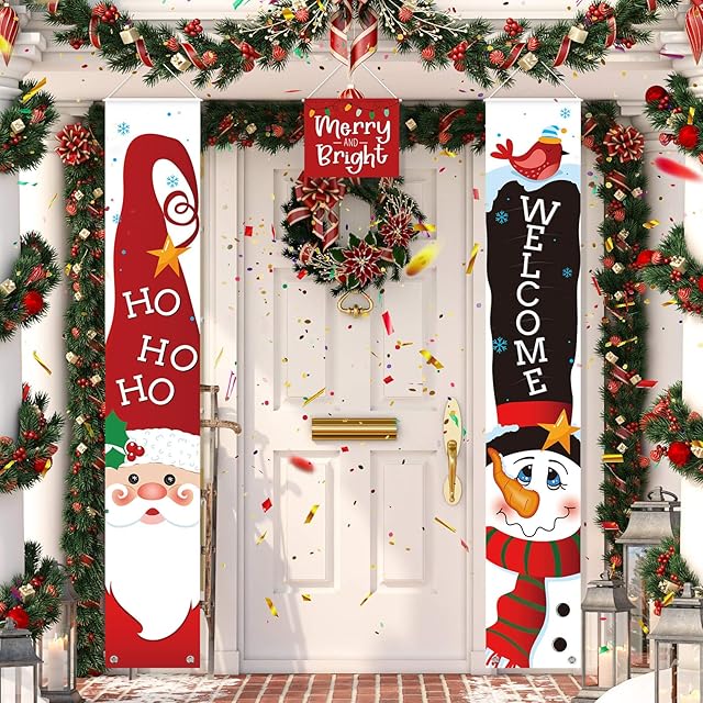 3 Pieces Christmas Door Banner Decorations, Red Welcome Happy Christmas Porch Sign Merry and Bright Santa Claus Snowman Outdoor Banner Hanging Decor for Winter Christmas Holiday Theme Party Supplies