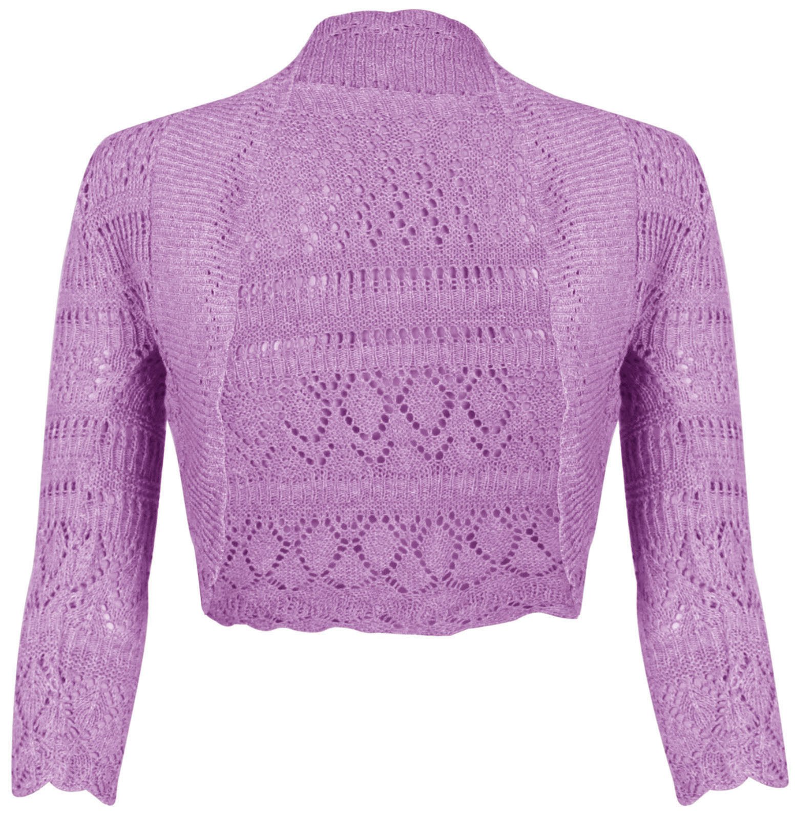 Women's Lilac New Long Sleeve Crochet Bolero Shrug Plain Cropped Knitted Open Cardigan Tops 8-14