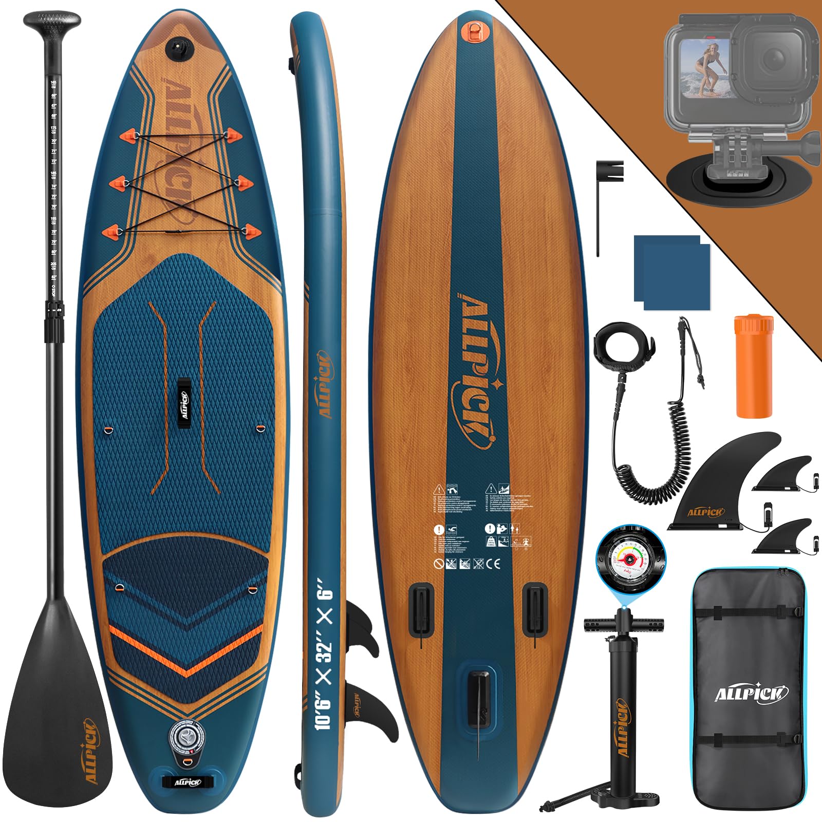 ALLPICK Sup Gonfiabile, Stand Up Paddle Board Gonfiabile, Con Supporto Universale per Fotocamera, Accessori Completi, Tavola da Sup Surf, Principianti e Avanzati, 150kg/180kg