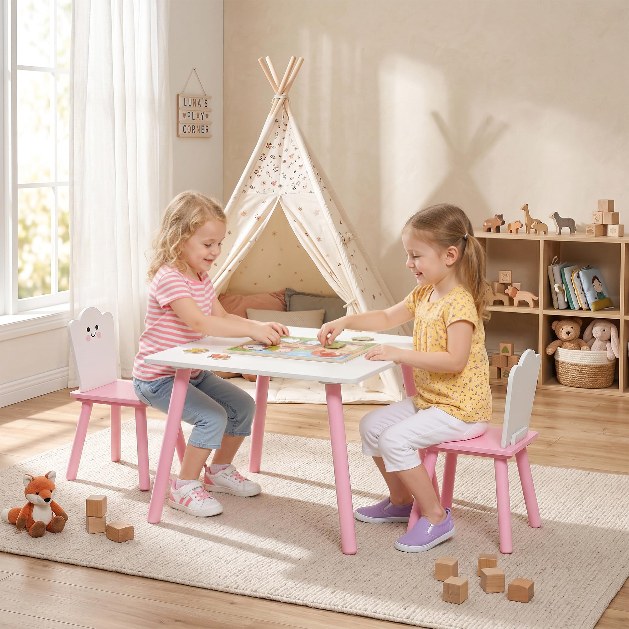 AIYAPLAY Set Tavolo e 2 Sedie per Bambini 3-6 Anni Zucchero Filato Rosa | Legno di Pino e MDF, Tavolino per Bambini con Sedie, Angoli Arrotondati, per Cameretta