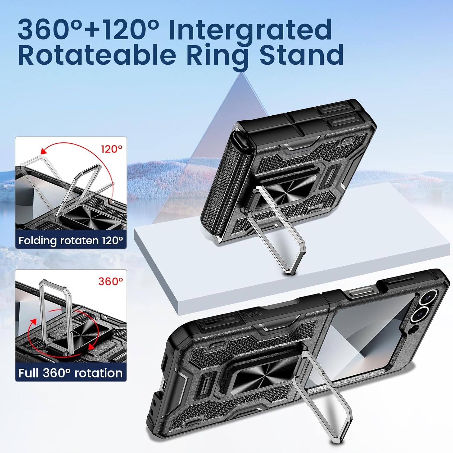 VEGO for Galaxy Z Flip 6 Case, 360° Rotatable Ring Kickstand & Belt Clip Holster & Tempered Glass Camera Screen Protector & Hinge Protection, Shockproof Case for Samsung Flip 6 5G - Black